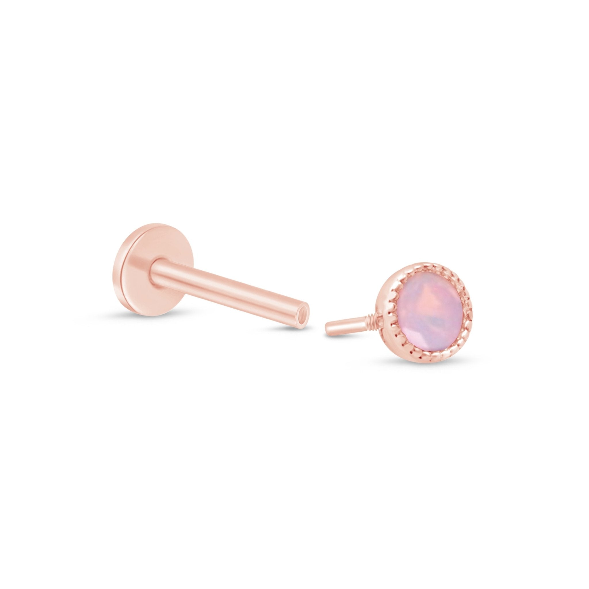 14K Rose Gold Pink Opal Stud Earrings with Milgrain Detail - Dainty Flat Back Earrings for Women, Perfect for Everyday Wear & Special Occasions