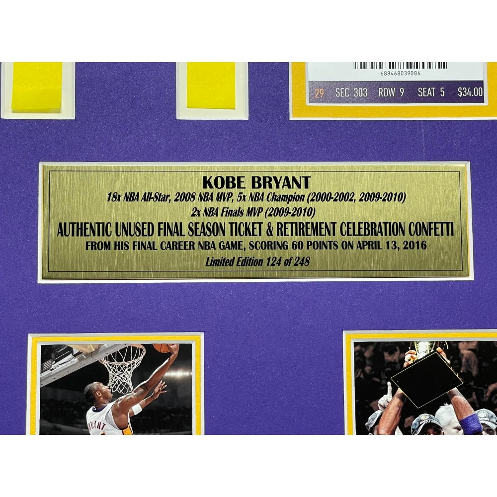 Authentic Kobe Bryant Final Lakers Game Used Confetti & Season Ticket Collage Framed Memorabilia #D/248 - Perfect for Sports Collectors & Lakers Fans Display