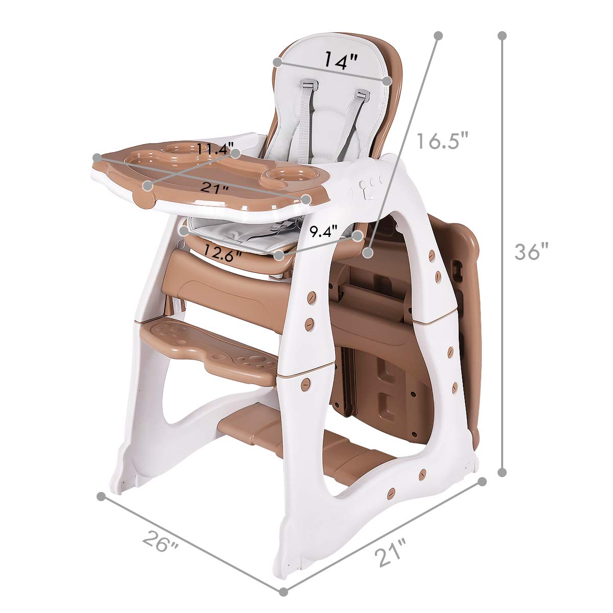 Costzon 3-in-1 Convertible Baby High Chair & Booster Seat with Adjustable Feeding Tray - Adjustable Height & Reclining Back - 5-Point Safety Harness - Perfect for Infants & Toddlers at Home or Restaurant (Brown)