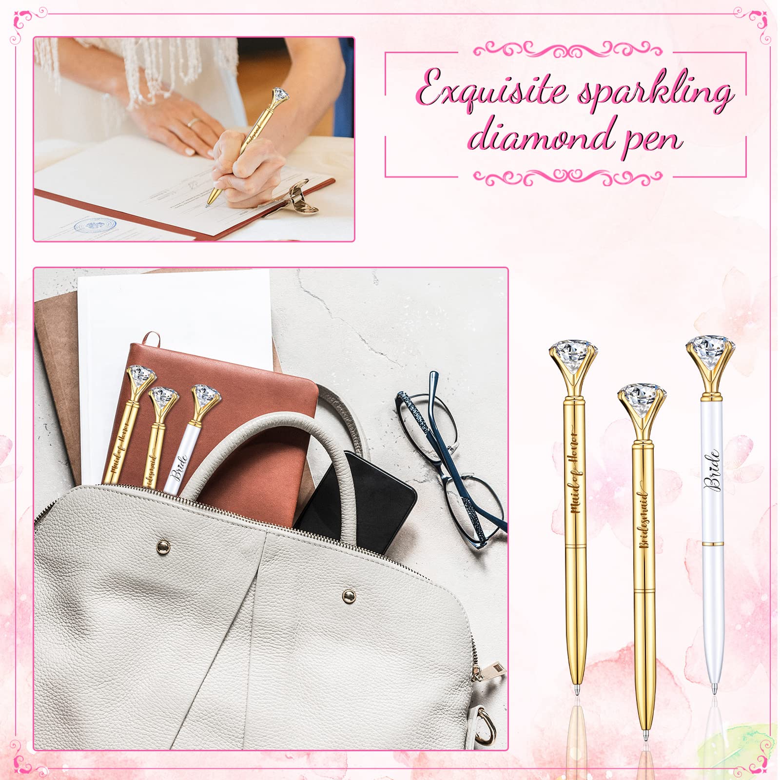10-Pack Elegant Diamond Ballpoint Pens for Bridal Shower & Wedding Favors - Gold & White Crystal Metal Pens with Sheer Organza Gift Bags - Perfect for Bridesmaid Gifts, Wedding Party Favors & Special Occasions