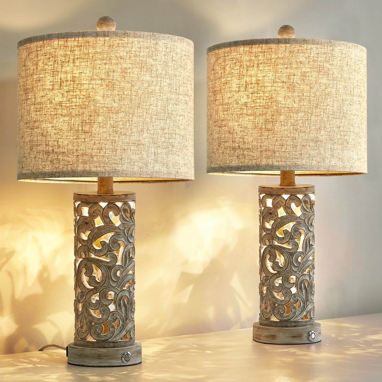 OYEARS 3-Way Dimmable 22'' USB A+C Touch Control Table Lamp Set of 2 with Nightlight - Modern Farmhouse Bedside Lamps for Living Room, Bedroom, Nightstand (Bulb Included) | Perfect for Reading, Working & Creating Cozy Atmosphere