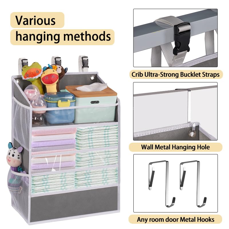 WishJazz Hanging Diaper Caddy Organizer - Baby Diaper Storage for Nursery, Changing Table & Playpen - Holds 90+ Diapers, Wipes & Essentials - Perfect for Newborn Care & Nursery Organization (Gray)