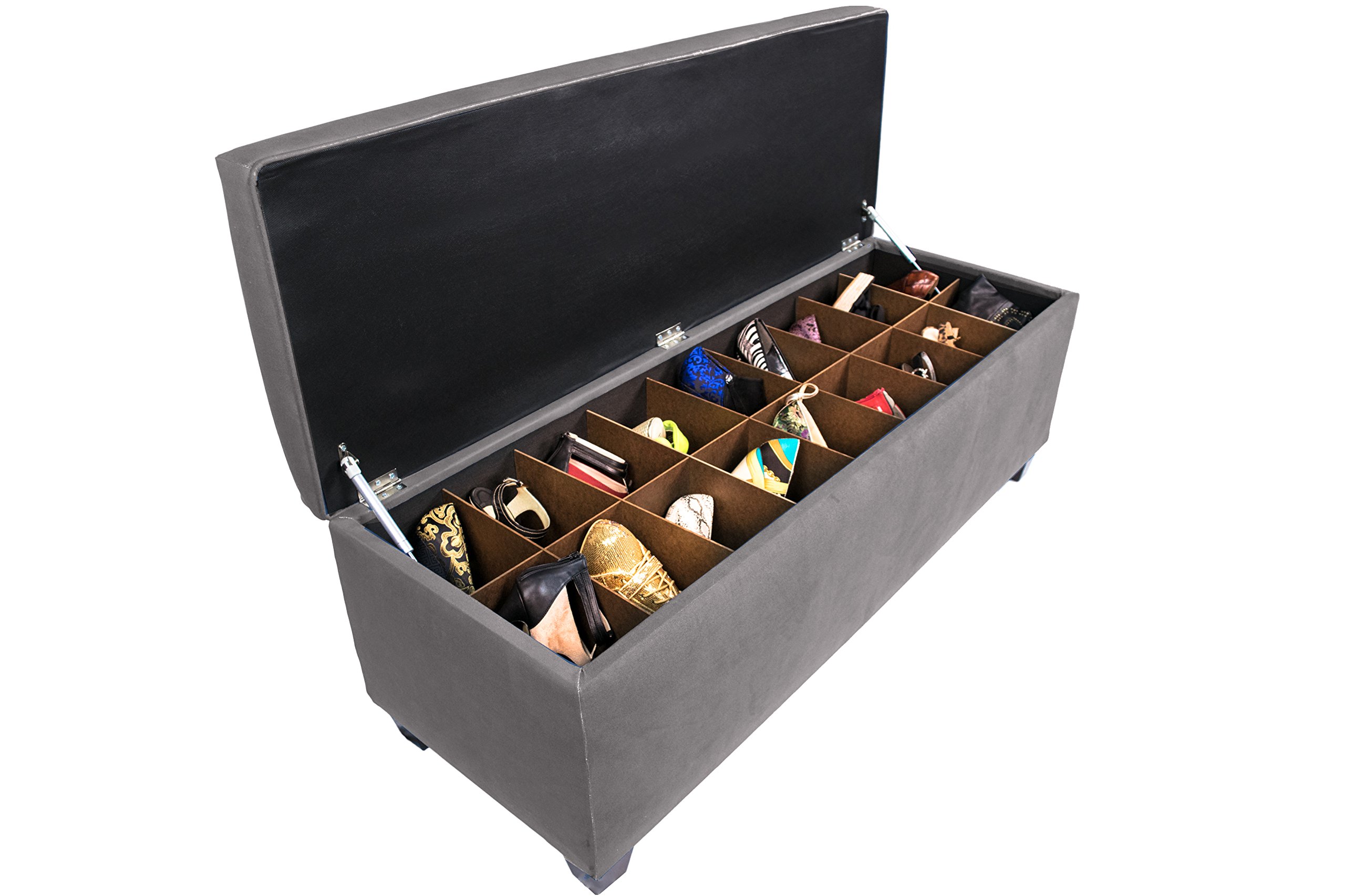 The Sole Secret Obsession Series - Large Button Tufted Upholstered Lift Top Shoe Storage Ottoman with Removable Slots in Gray | Perfect for Bedroom, Closet & Entryway Organization