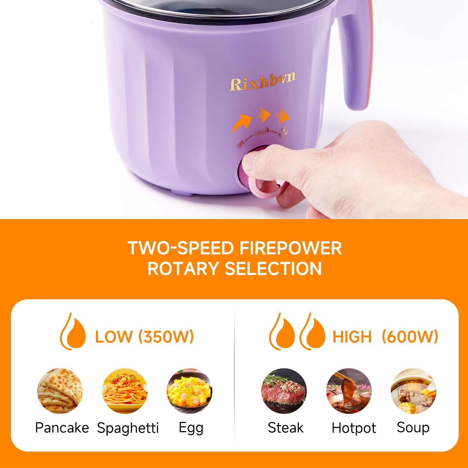 Electric Hot Pot with Steamer - 1.8L Non-Stick Multi-Cooker for Ramen, Soup, Noodles, Steak & Oatmeal | Fast Heating with Temperature Control & Rotary Switch | Perfect for Dorm, Office, Camping & Small Kitchen (Purple)