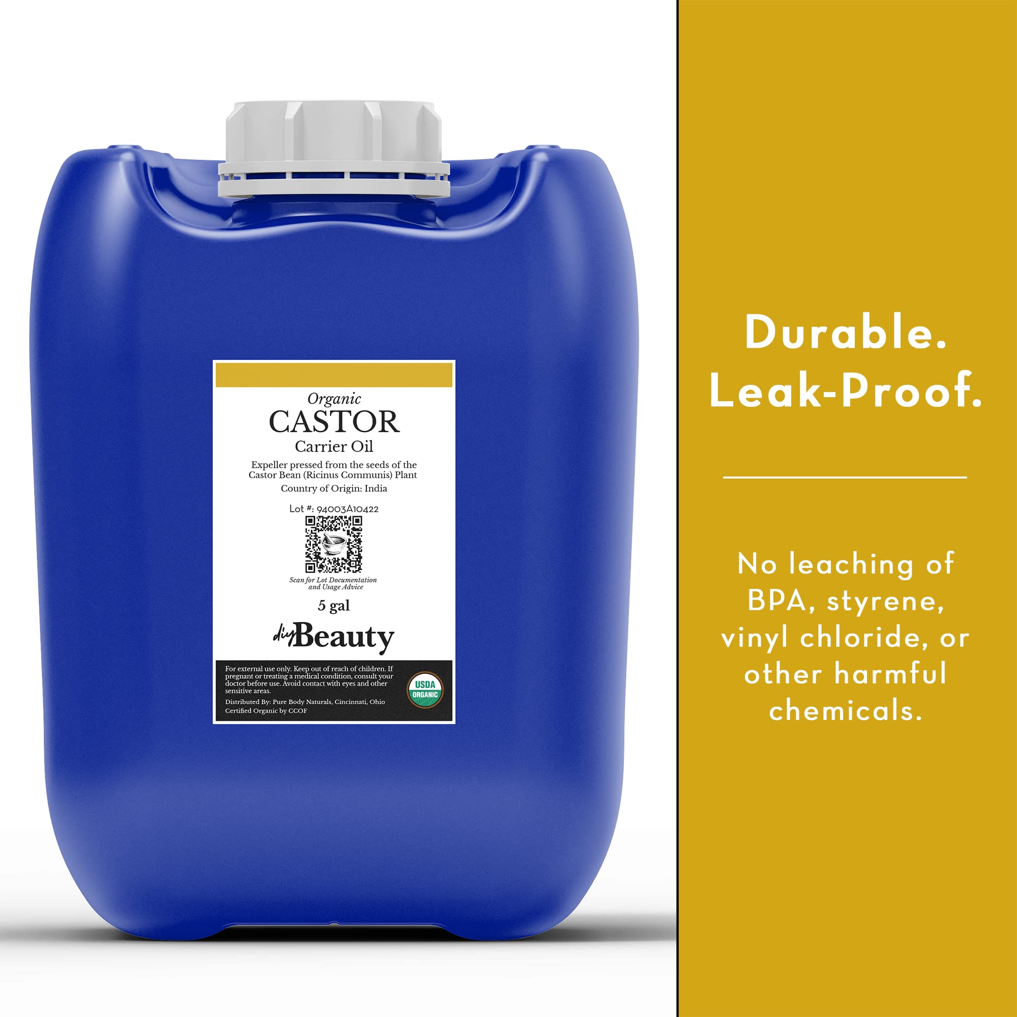 Organic Castor Oil Bulk 2.5 Gallon - USDA Certified, Unrefined & Cold Pressed - 100% Pure Natural Hair Growth Oil for Eyelashes, Eyebrows & Scalp - Skin Moisturizer & Massage Oil - Perfect for DIY Beauty, Hair Care & Aromatherapy