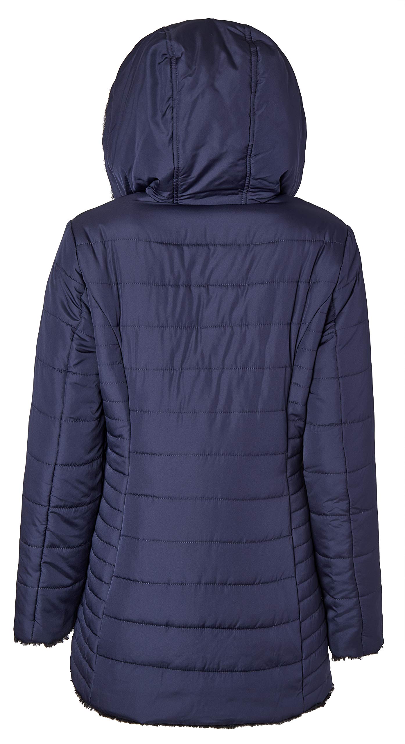 Women's Reversible Hooded Puffer Jacket - Black Chevron Faux Fur Winter Coat for Cold Weather | Warm Outerwear for Snow, Skiing & Everyday Winter Fashion