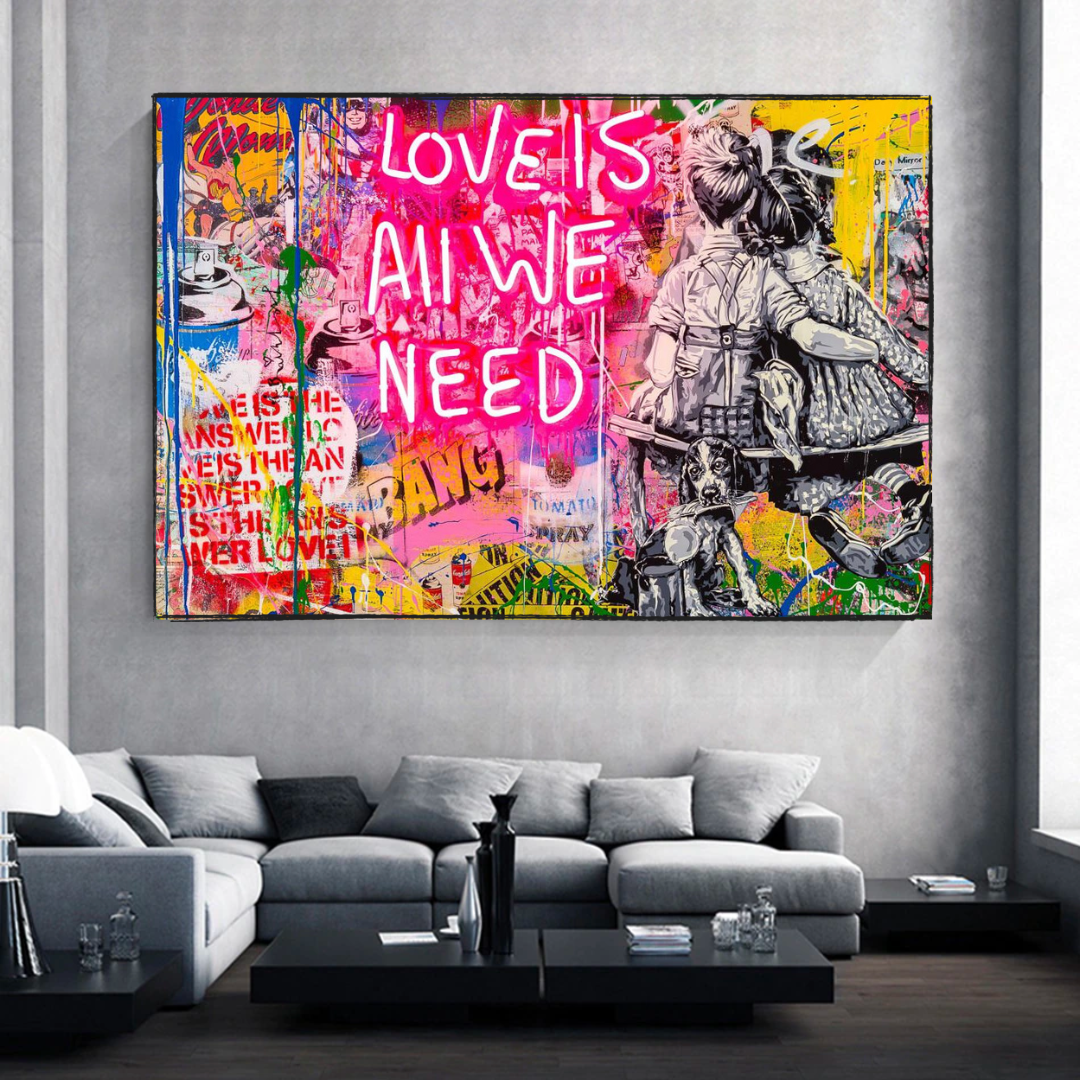 Banksy Love is All We Need Canvas Wall Art Print - Street Art Home Decor for Living Room, Bedroom & Office