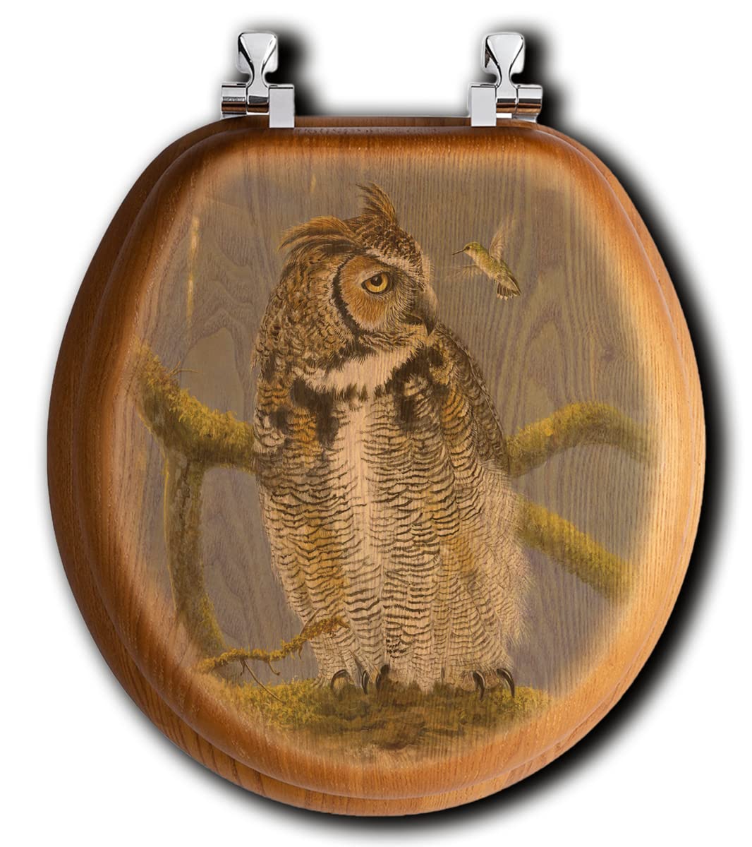 House & Homebody Co. Round Toilet Seat with Oak Veneer - Nature Inspired Owl & Hummingbird Design for Bathroom, RV, Camper & Outdoor Use