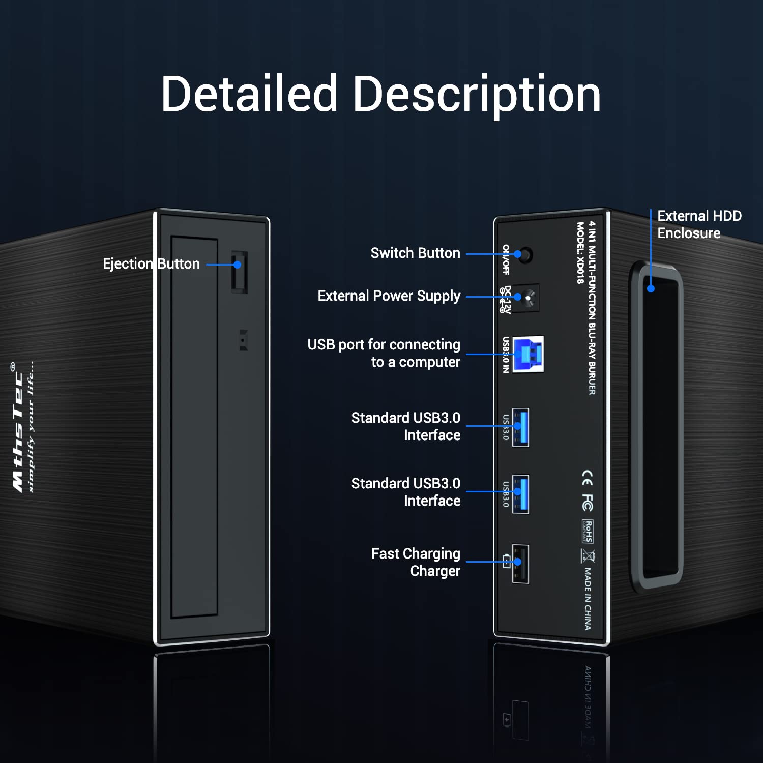 4-in-1 External Blu-ray Drive with USB 3.0 & Type-C - 16X DVD/CD Burner, Optical Drive, HDD Enclosure & USB Hub - Compatible with Mac & PC - Perfect for Home Theater, Office Work & Data Backup