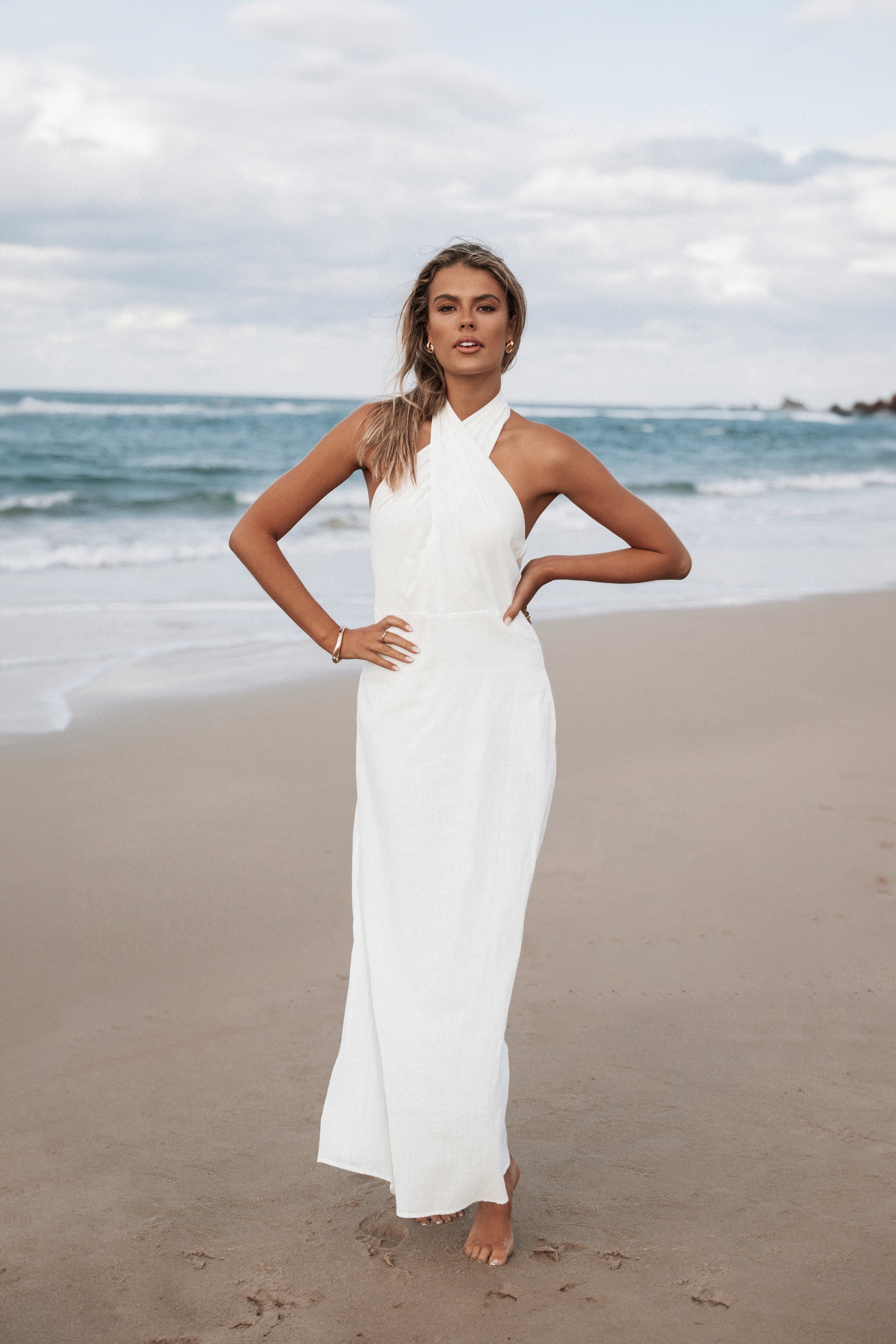 Betsy Halterneck Maxi Dress for Women - Elegant White Summer Beach Dress, Boho Flowy Long Dress for Vacation, Party, and Casual Wear