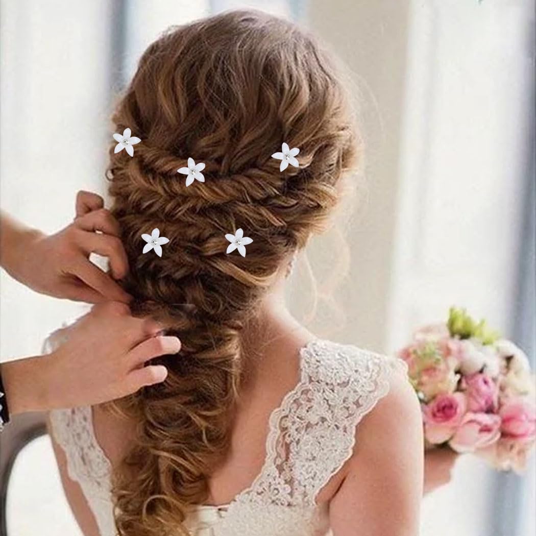 BARTOSI Small White Flower Hair Clips - Pack of 5 Floral Hair Barrettes for Women & Girls | Wedding, Bridal, Boho, Princess & Rapunzel Hair Accessories