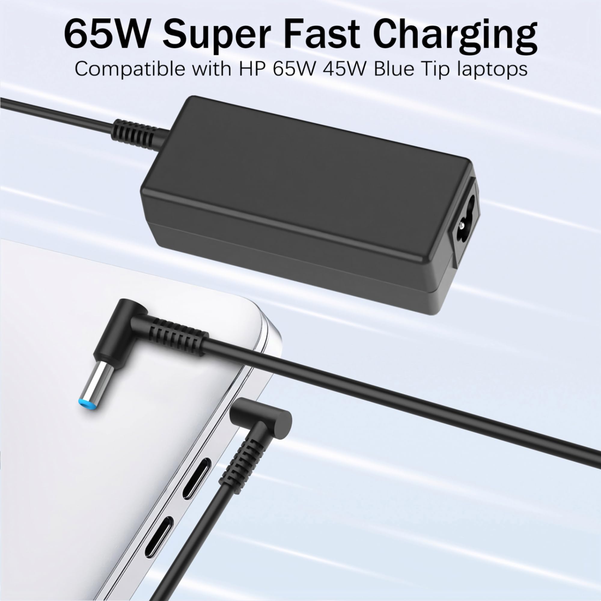 65W 45W HP Laptop Charger with Smart Blue Tip - Universal Power Adapter for HP Pavilion, Envy, ProBook - Perfect for Home, Office & Travel Use