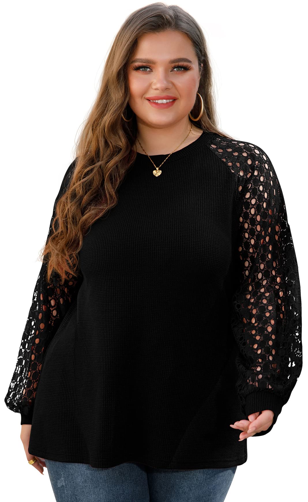 OLRIK Women's Plus Size Lace Sleeve Blouse - Soft Waffle Knit Long Sleeve Tops for Casual Wear, Office & Date Night Outfits