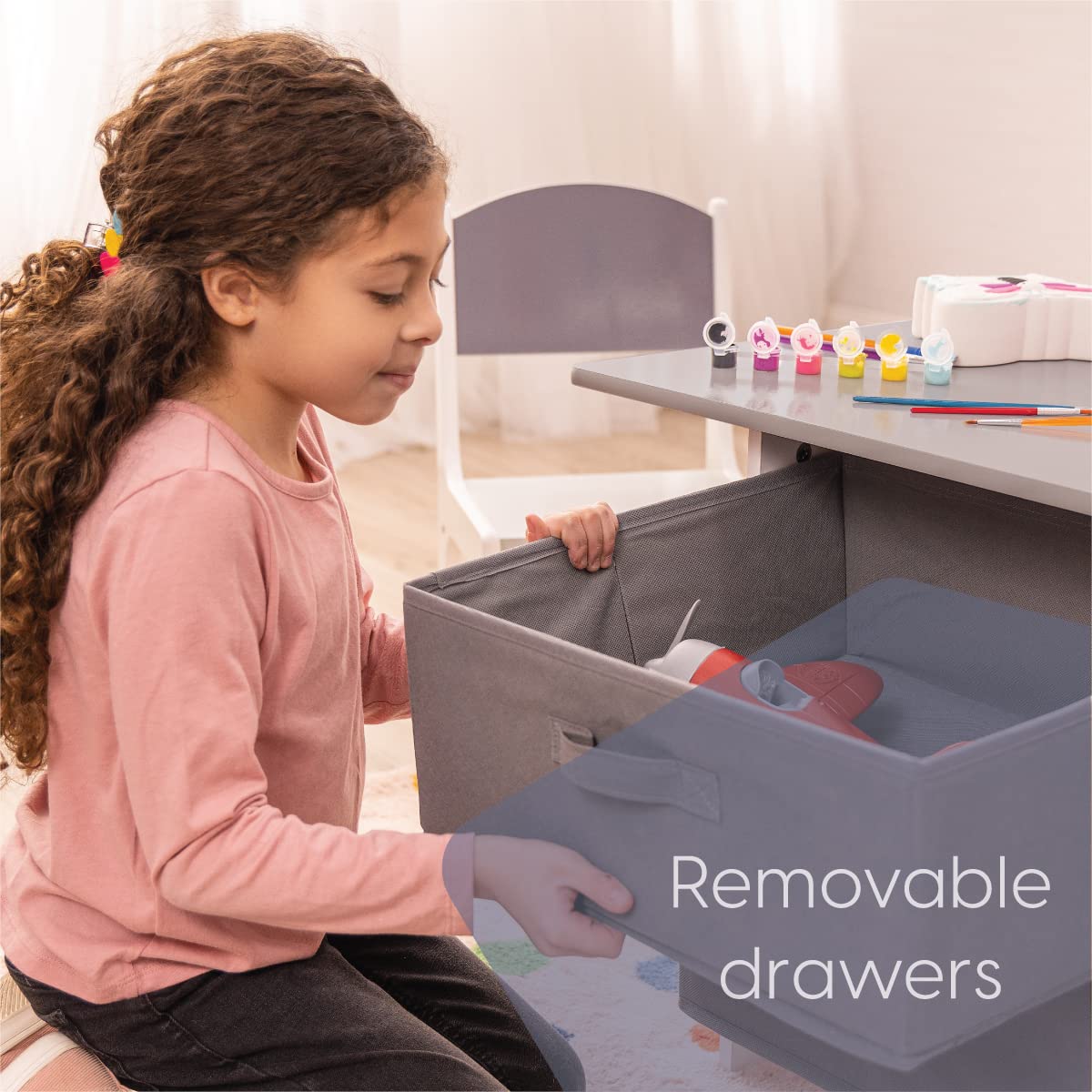 Milliard Kids Art Play Table and Chair Set - Wooden Activity Table with Storage Baskets, Modern Gray Playroom Furniture for Toddlers - Perfect for Drawing, Crafts & Learning Activities