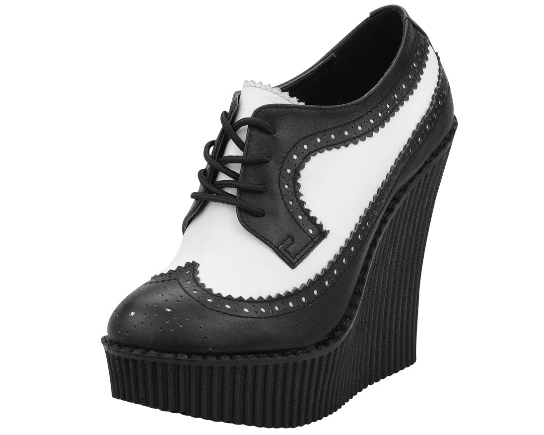 T.U.K Black & White Leather Brogue Wingtip Creeper Wedge Shoes for Women - Vintage Punk Rock Style for Casual Wear & Night Out