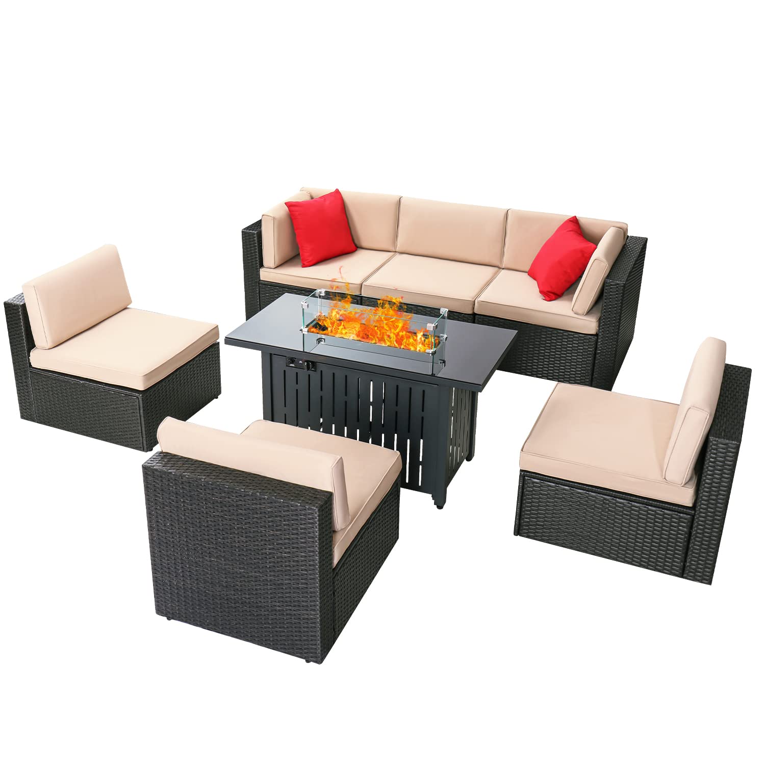 Devoko 7-Piece Outdoor Patio Furniture Set - Waterproof Wicker Sectional Sofa with Fire Pit Table & Cushions - Beige Patio Conversation Set for Backyard, Garden, Poolside & Outdoor Living Spaces