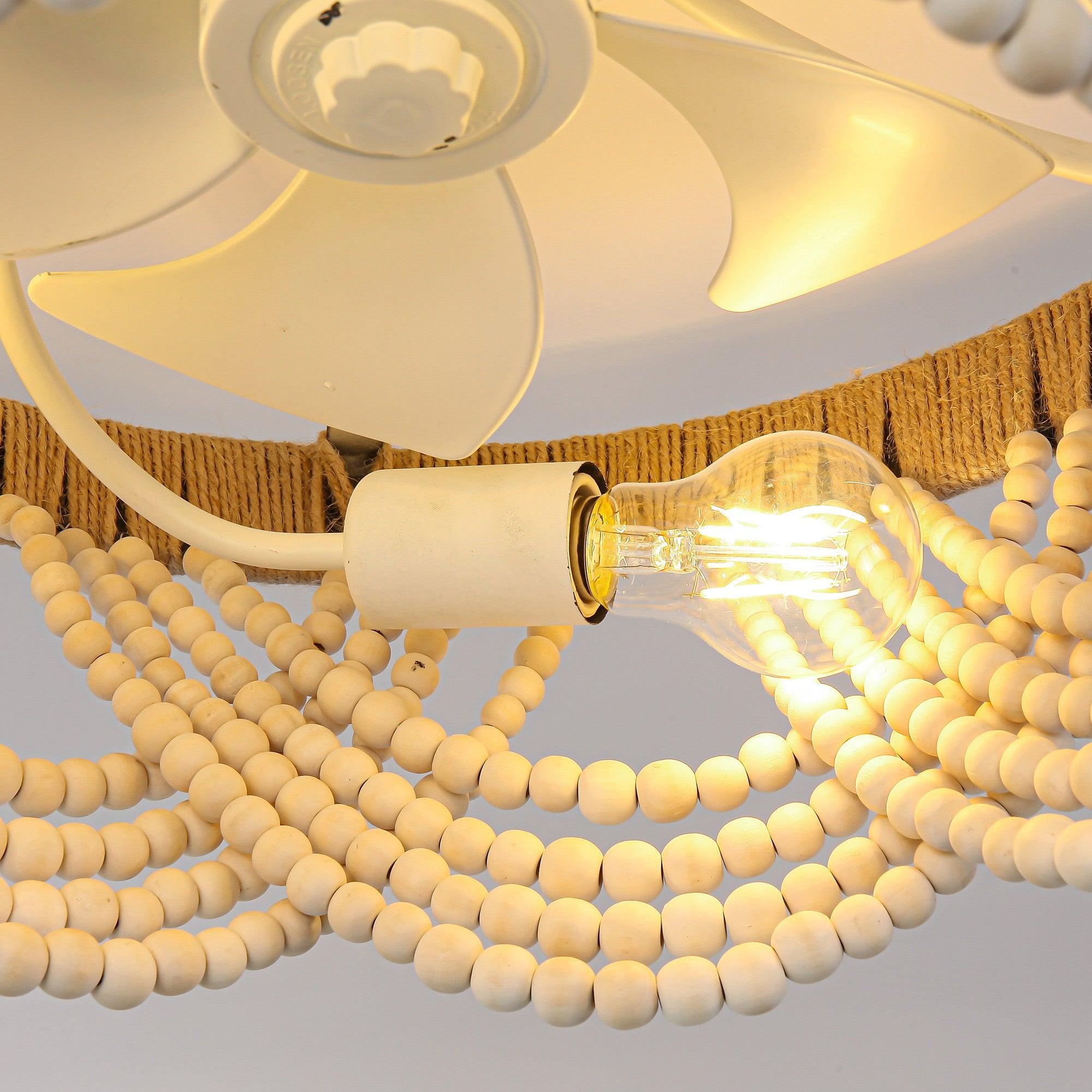 20 Inch White Farmhouse Wooden Beads Flush Mount Ceiling Fan with APP Remote Control & LED Light - Perfect for Bedroom, Living Room, and Kitchen Decoration