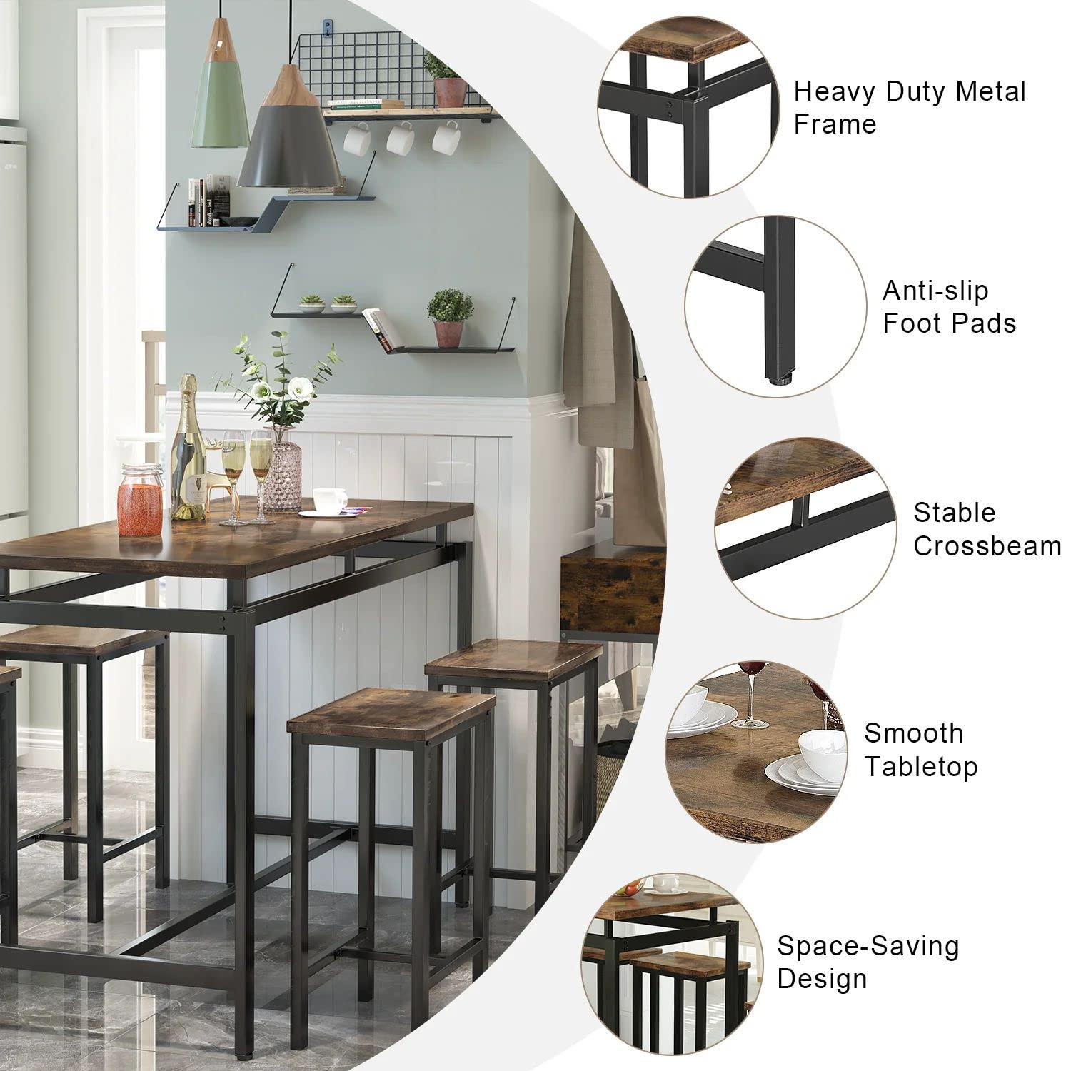 Modern 5-Piece Industrial Bar Height Dining Table Set for 4 - Kitchen & Pub Table with 4 Chairs - Perfect for Small Spaces, Breakfast Nooks & Compact Apartments - Durable Metal Frame & Wooden Tabletop for Casual Dining & Entertaining