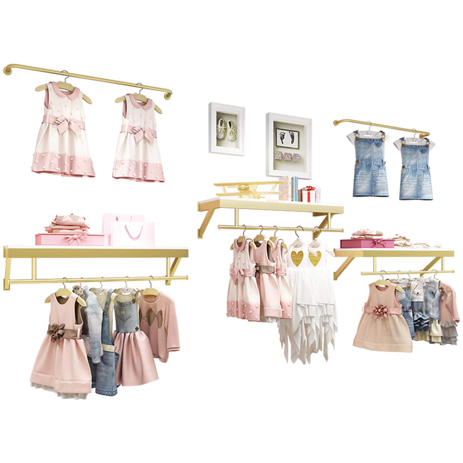 ZYMWBDGD Wall-Mounted Metal Clothing Display Rack - Commercial & Retail Store Garment Organizer, Golden Combination Rack for Boutique & Kids Clothing Stores | Perfect for Storefront Displays, Seasonal Collections & Space-Saving Retail Solutions