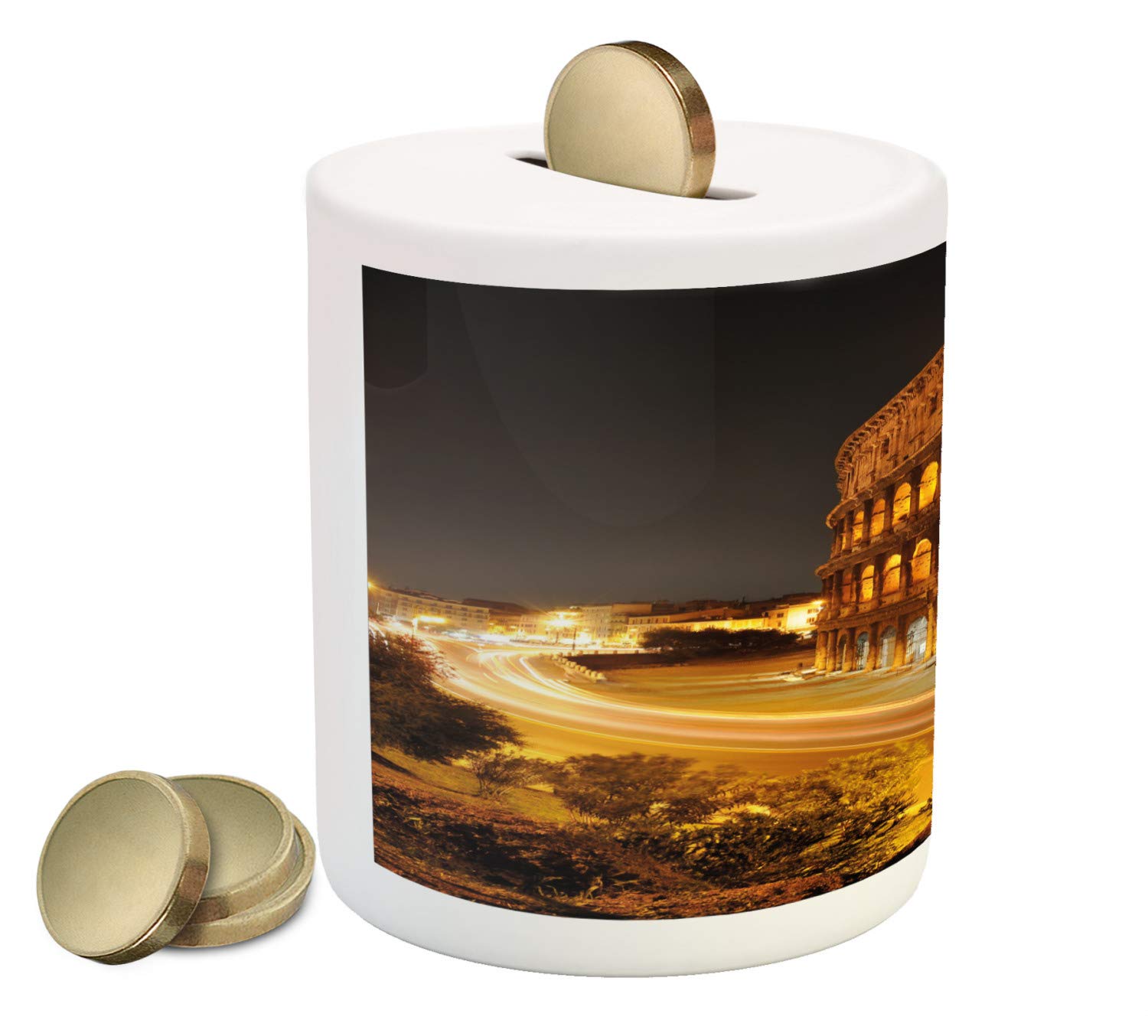 Ambesonne Italy Ceramic Piggy Bank - Colosseum at Night Scenery Rome European City Heritage Landscape Design - Money Box for Cash Saving (Amber Marigold Black) - Perfect Gift for Collectors & Home Decor