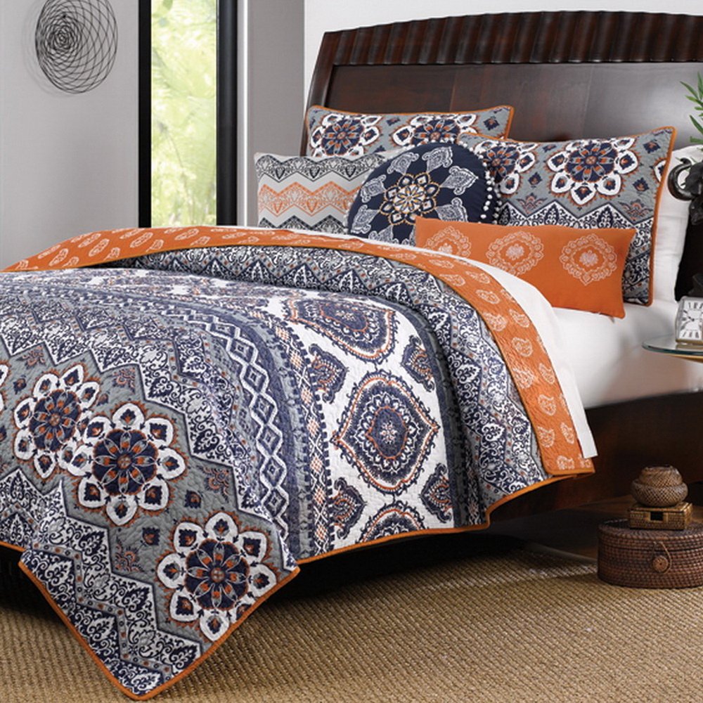 Boho Chic Moroccan Paisley Pattern Grey Orange Cotton 3-Piece Full/Queen Size Quilt Bedding Set - Soft & Stylish Comforter Cover for Bohemian Bedroom Decor, Perfect for Guest Rooms & Master Suites