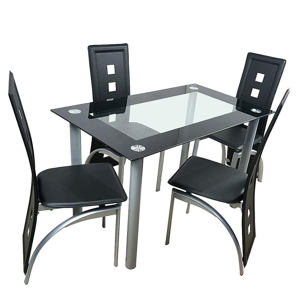Manoch 5-Piece Tempered Glass Dining Table Set with 4 Chairs - 8mm Thick Glass & Stainless Steel Frame - Modern Kitchen Breakfast Room Furniture (43.3