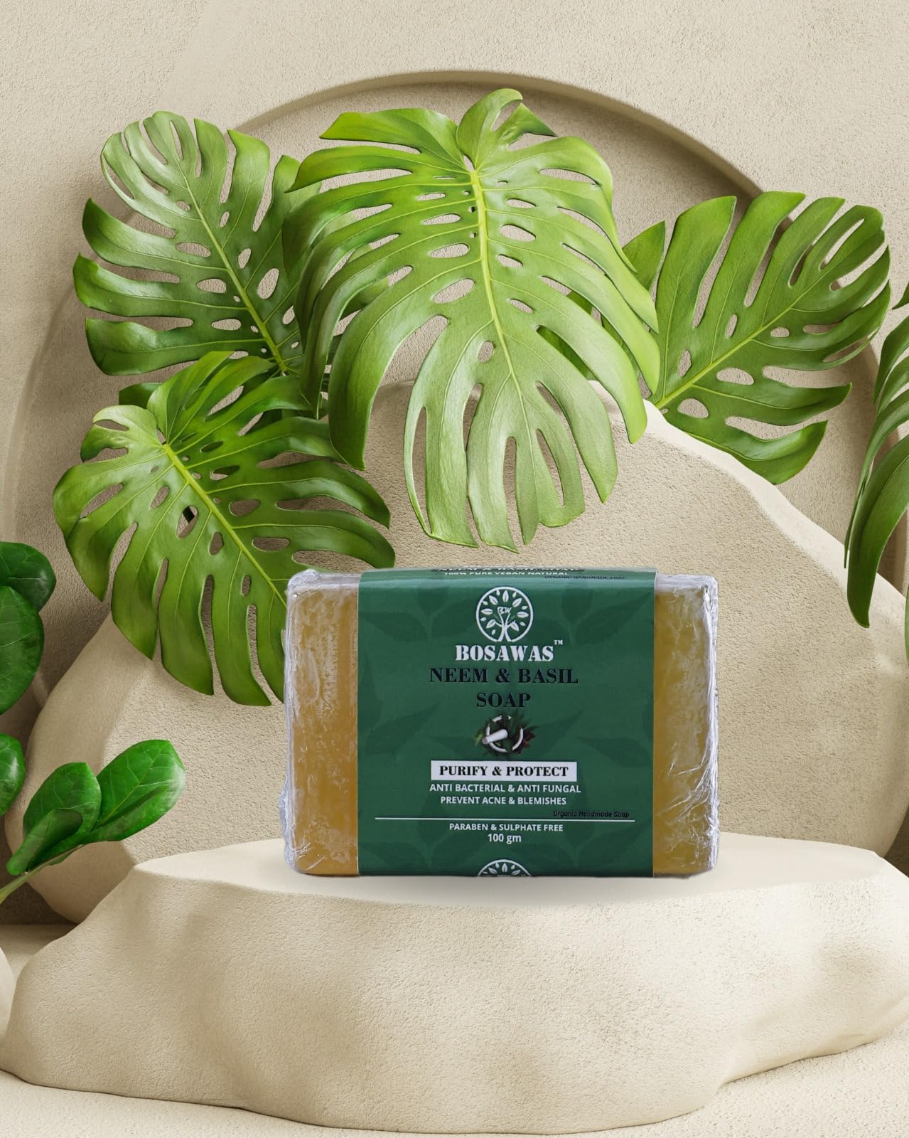 BOSAWAS Neem & Basil Soap for All Skin Types - Antibacterial & Antifungal, Purifies Skin, Prevents Acne & Blemishes (100g) - Ideal for Daily Cleansing, Sensitive Skin Care & Natural Protection