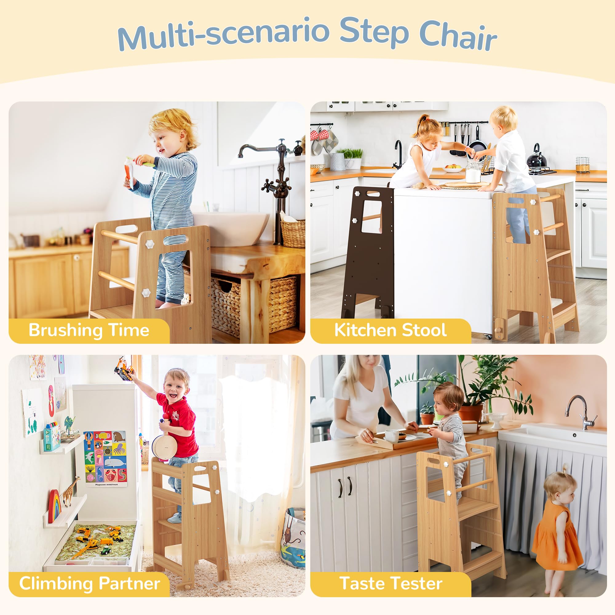 Adjustable Height Toddler Kitchen Step Stool with Safety Rails - Dark Natural Wooden Standing Tower for Kids, Perfect for Kitchen Counter, Bathroom Sink, Bedroom Dressing & Playroom Activities