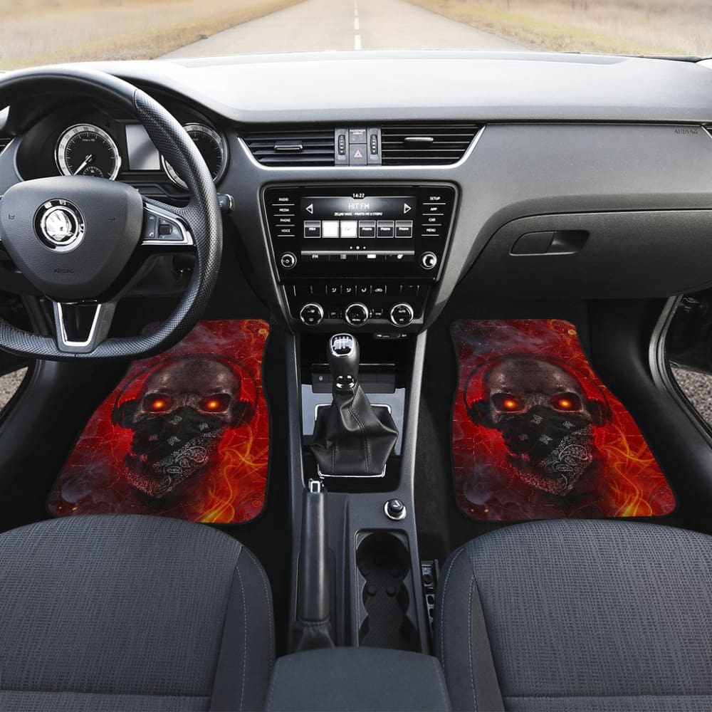 Gothic Skull Car Floor Mats with Red Fire Music Headphones - Heavy Duty All-Weather Protection for Cars, Trucks & SUVs - Perfect for Rock Music Lovers & Gothic Style Enthusiasts