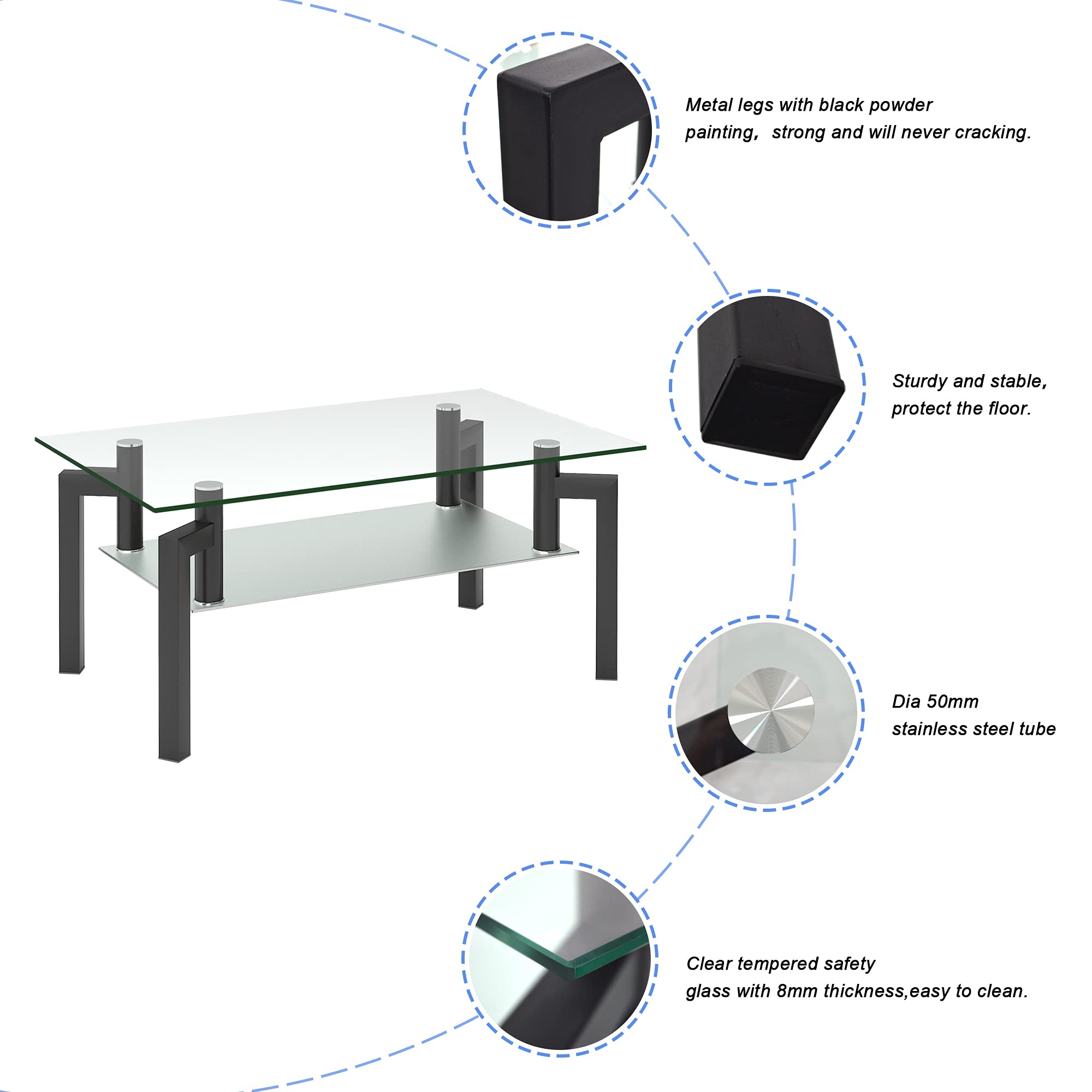 IANIYA Black Rectangle Glass Coffee Table with Tempered Metal Tube Legs - Modern Living Room Furniture for Home Decor & Entertainment
