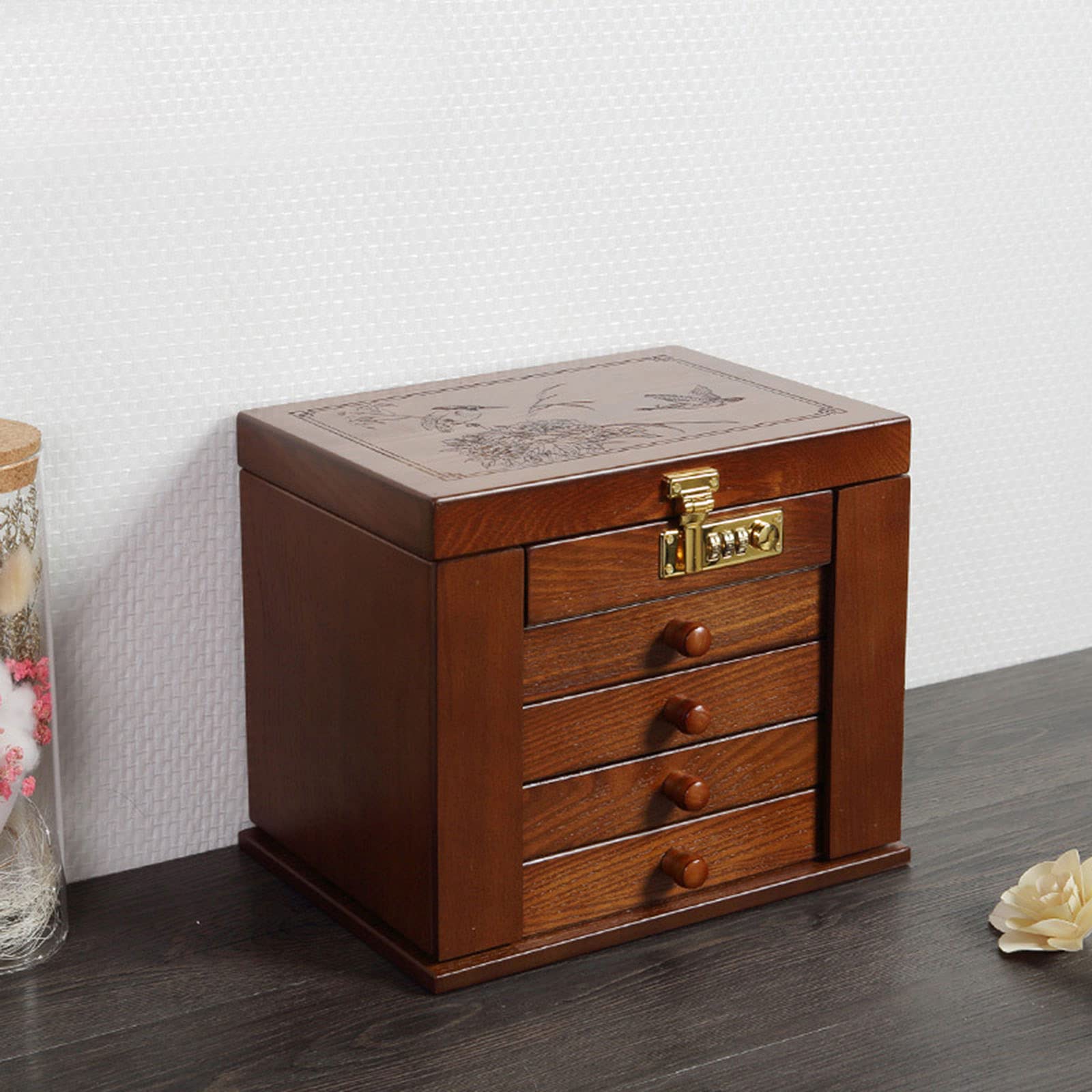 Wooden Jewelry Box Organizer with Combination Lock - Large Lockable Dresser Top Jewelry Storage Case with Mirror, Dark Brown - Perfect for Bedroom Vanity, Travel & Gift Giving