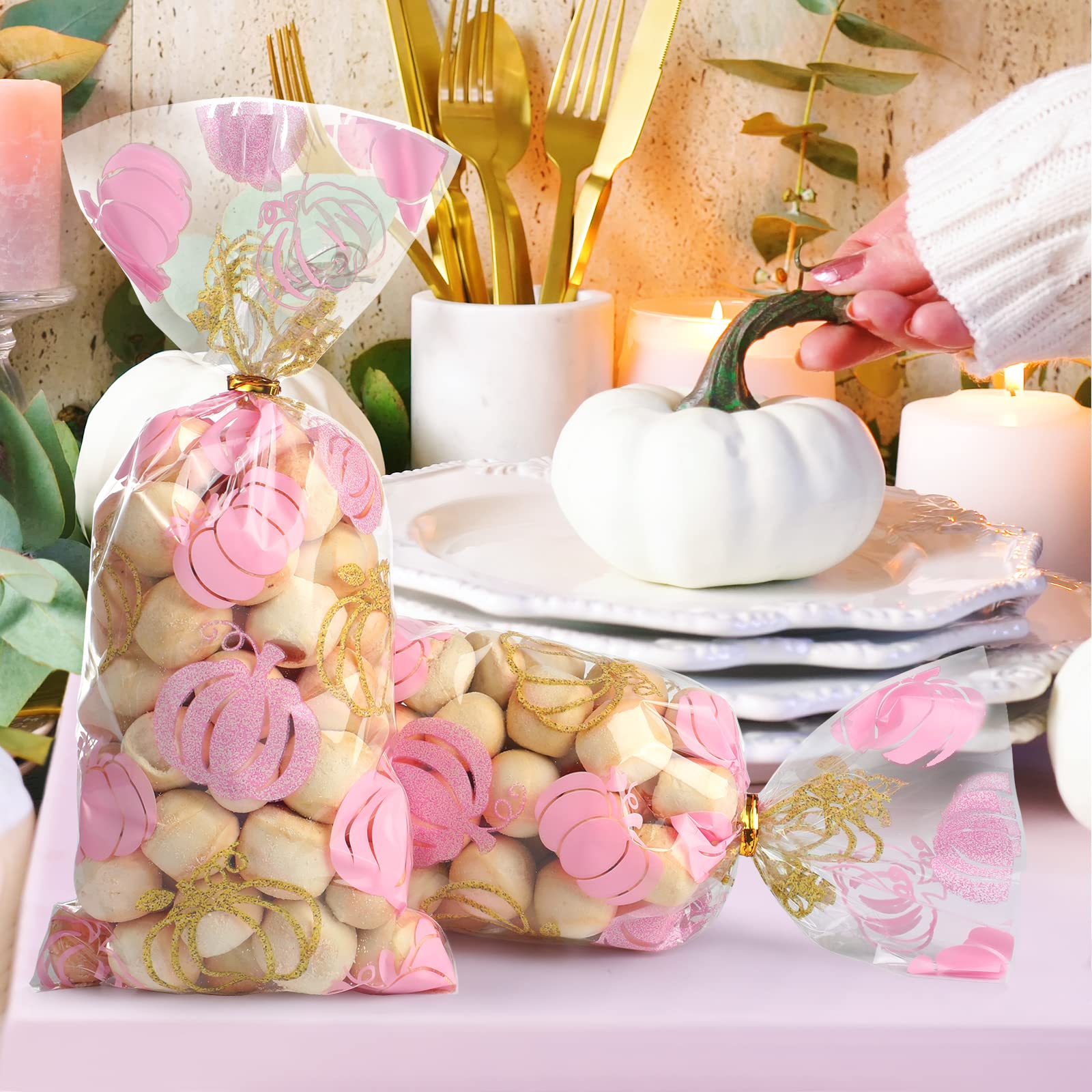 100 Pcs Halloween Pumpkin Treat Bags - Autumn Party Favor Bags with Gold Twist Ties, Fall Thanksgiving Cellophane Candy Bags for Classroom, Wedding, Baby Shower & Holiday Decorations
