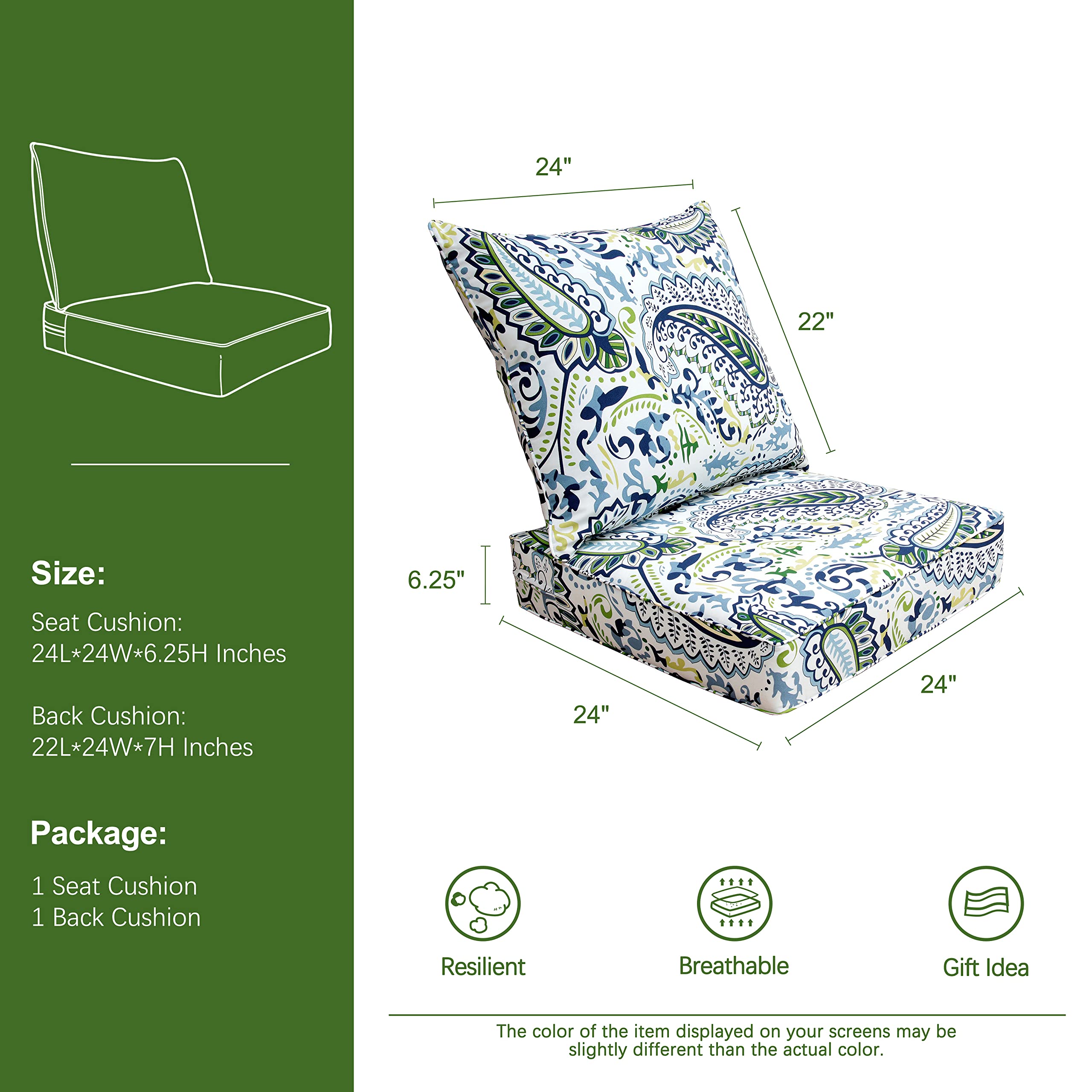 BOSSIMA Indoor Outdoor Deep Seat Chair Cushion Set - Green Blue Paisley Pattern, Spring Summer Replacement Cushions for Patio, Deck, Porch & Garden Furniture (2-Piece Set) | Water-Resistant & Comfortable Outdoor Seat Cushions
