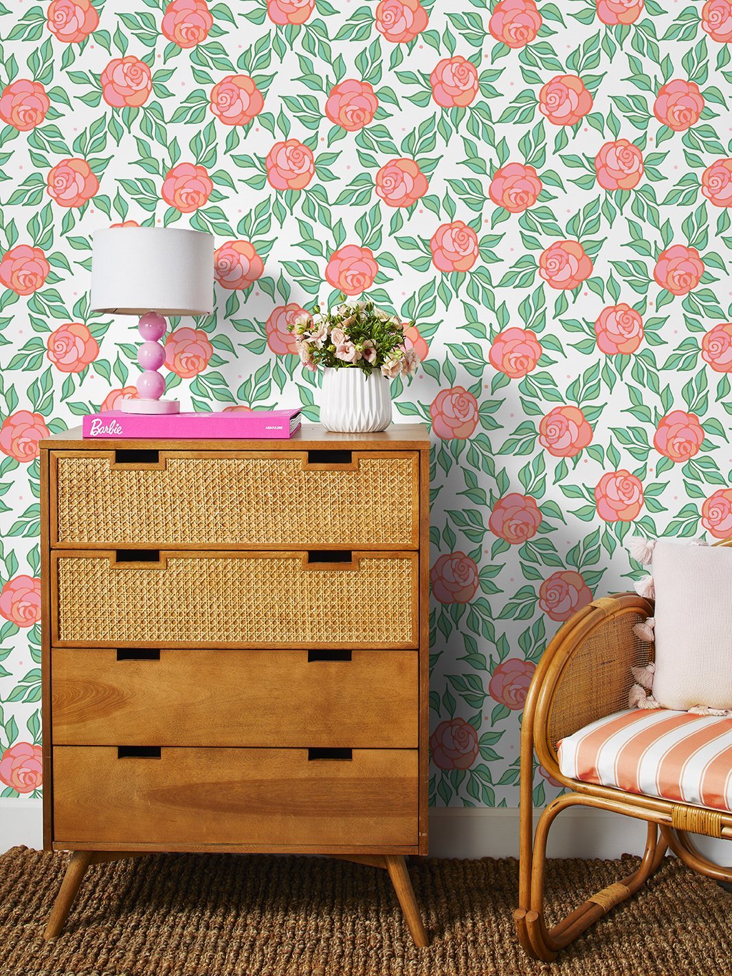 Barbie™ Groovy Floral Wallpaper - Watermelon Print Peel & Stick Removable Wallpaper for Girls Room, Nursery, Bedroom Decor - Perfect for DIY Home Decor & Kids Room Makeover