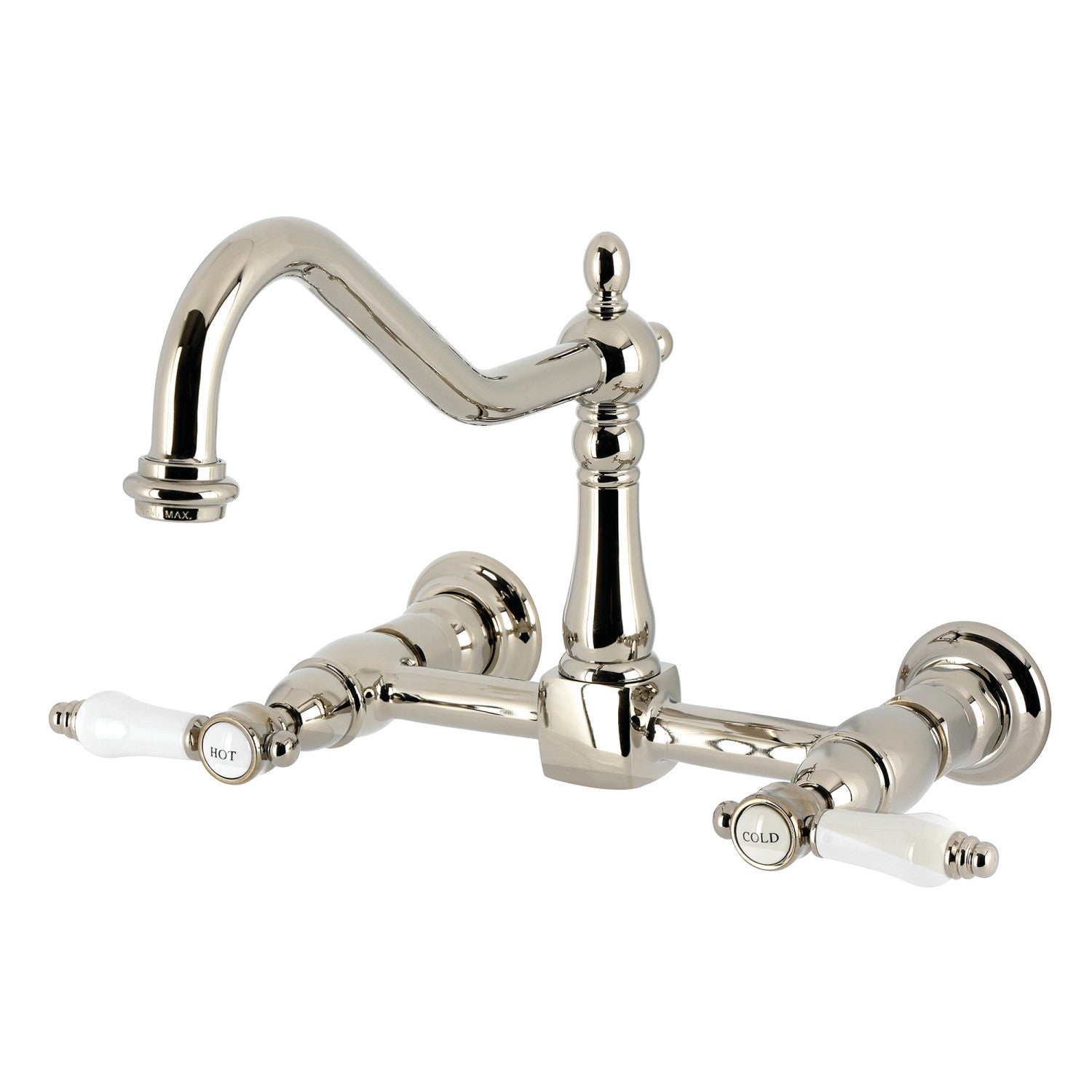 Bel Air KS1246BPL Double Handle Wall Mount Bridge Kitchen Faucet in Polished Nickel - Perfect for Farmhouse, Industrial & Vintage Style Kitchens