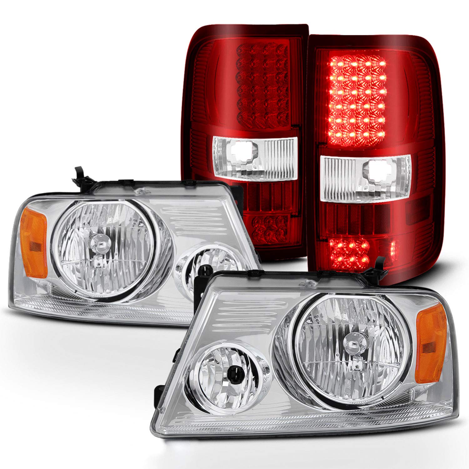 AKKON Chrome Headlights & LED Red Clear Tail Brake Lights Pair for 2004-2008 Ford F150 Pickup (Styleside Type) - Left & Right Side - Upgrade Your Truck's Style & Night Visibility