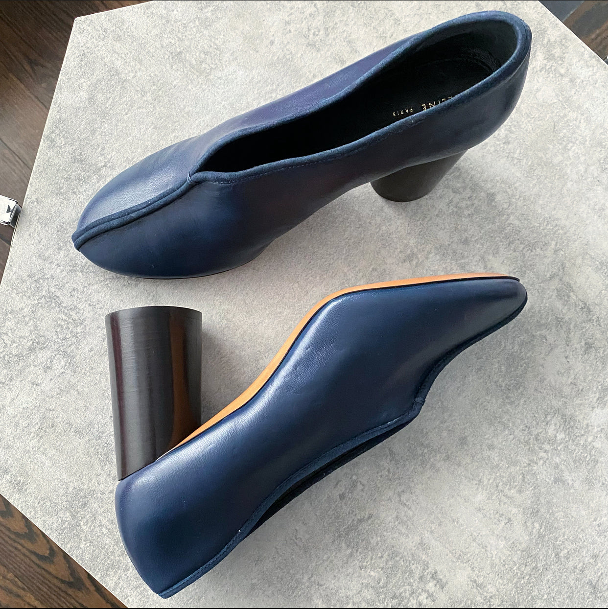 Celine Navy Blue Leather V-Neck Pumps Women's Size 38 (US 7.5) - Elegant High Heels for Office, Party & Special Occasions