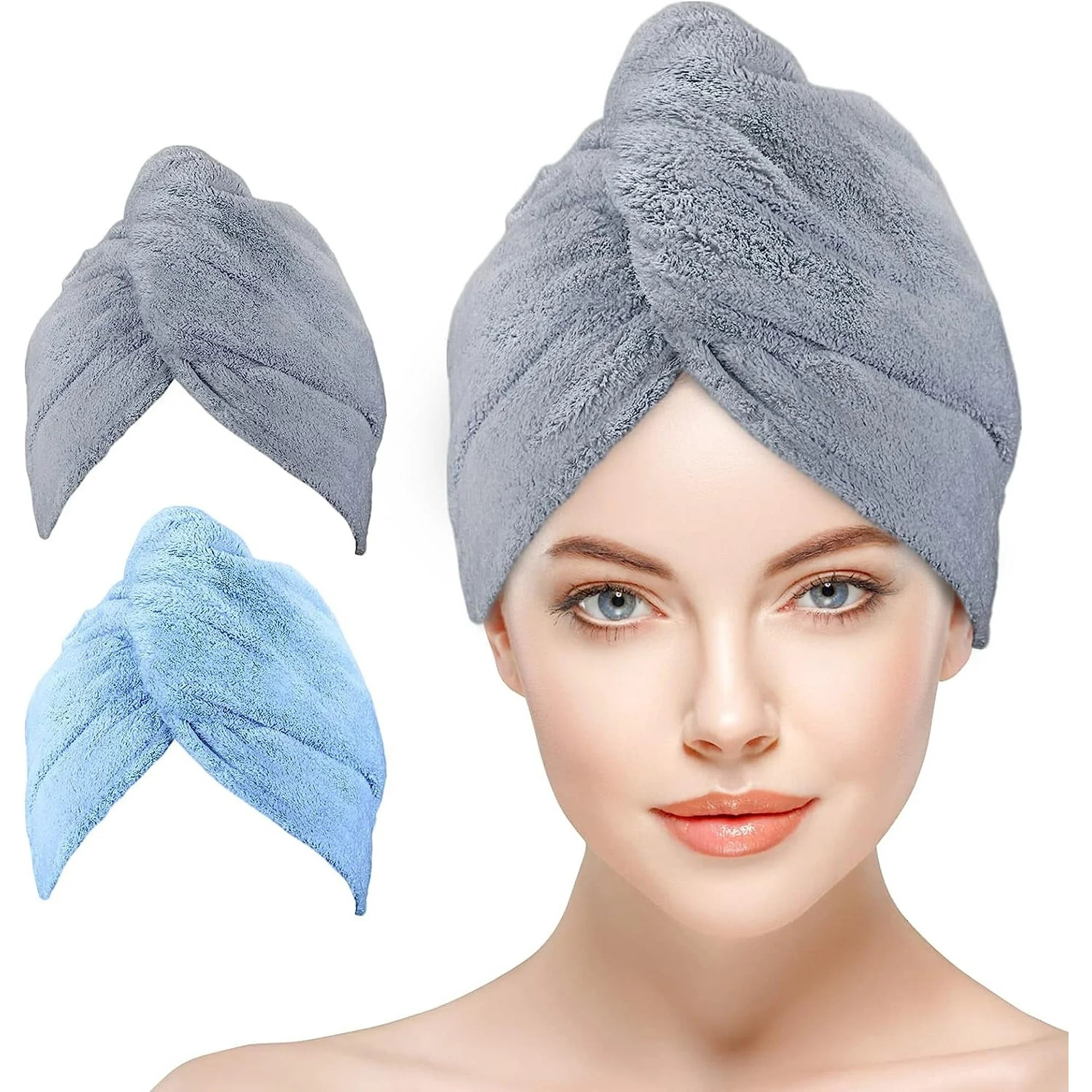 Bathwe 2 Pack Ultra Absorbent Hair Towel Wrap for Women - Soft Twist Hair Turban Drying Cap for Wet Hair (Blue & Gray) | Perfect for Post-Shower, Salon, Spa & Home Hair Care
