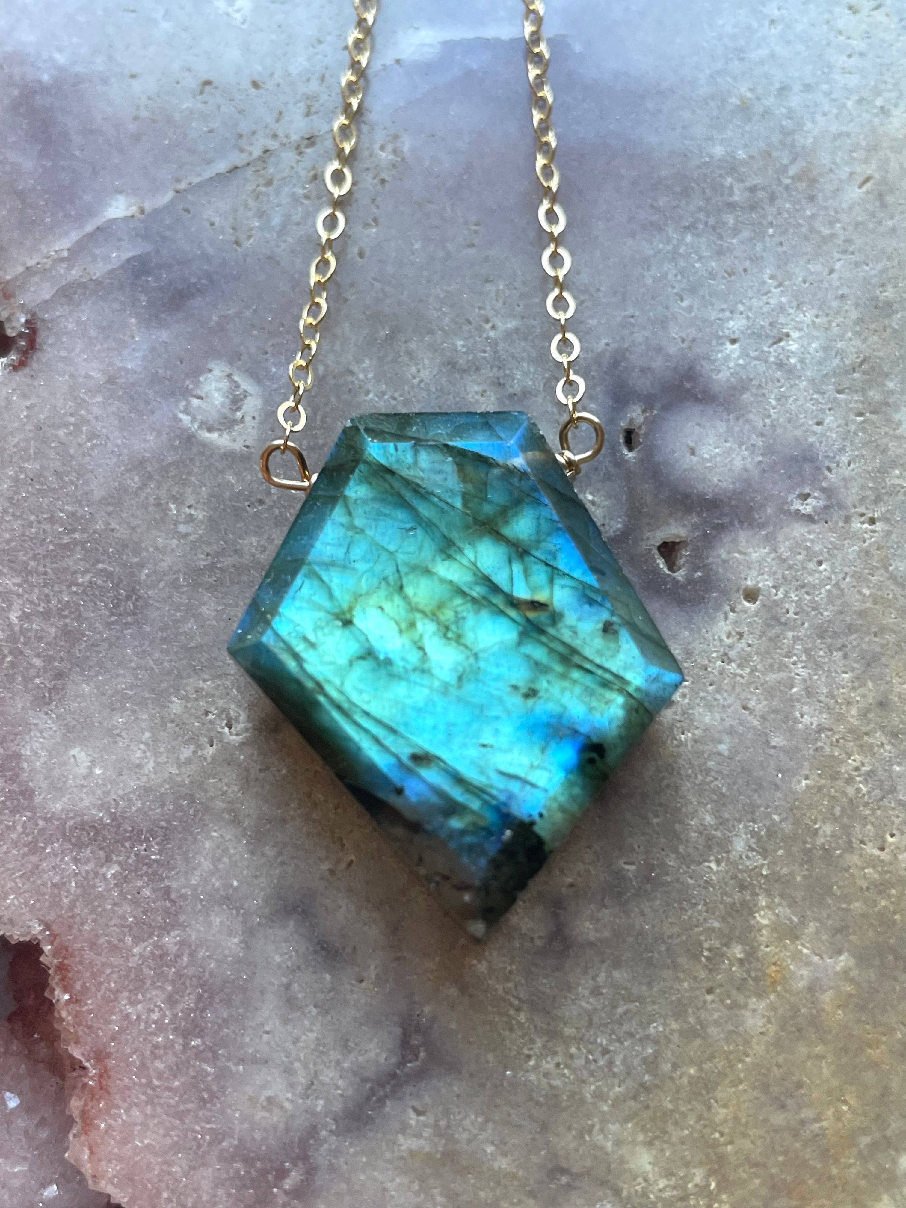 Large Labradorite Shield Necklace in Gold Fill - Elegant Crystal Jewelry for Women, Perfect for Boho Style & Spiritual Healing
