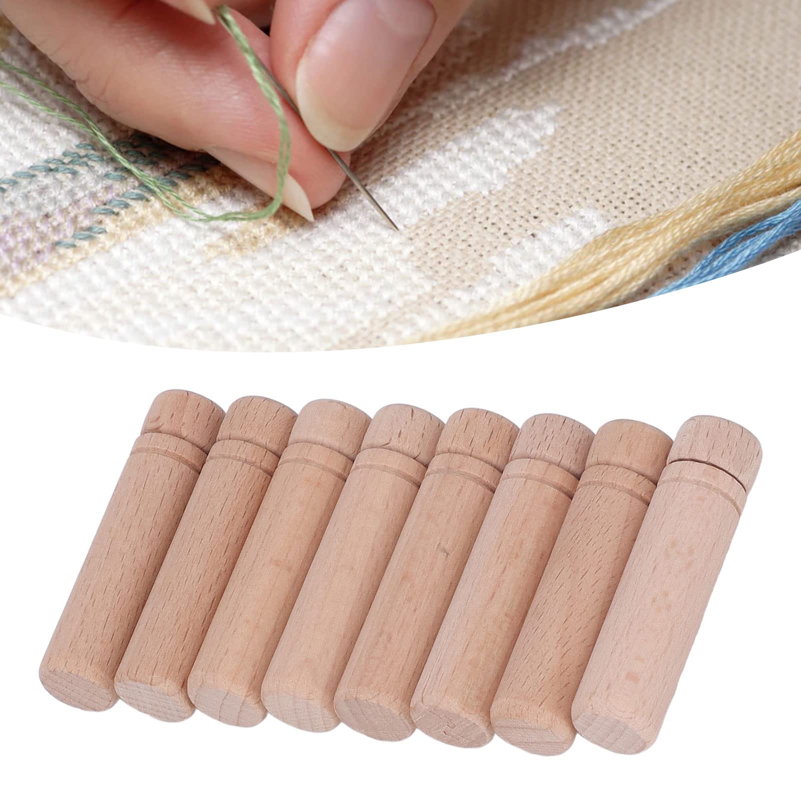 HEEPDD 8Pcs Wooden Needle Case - Portable Sewing Needle Holder with 3 Stickers for Thread & Sewing Supplies Storage - Perfect for Travel, Crafting & Home Organization