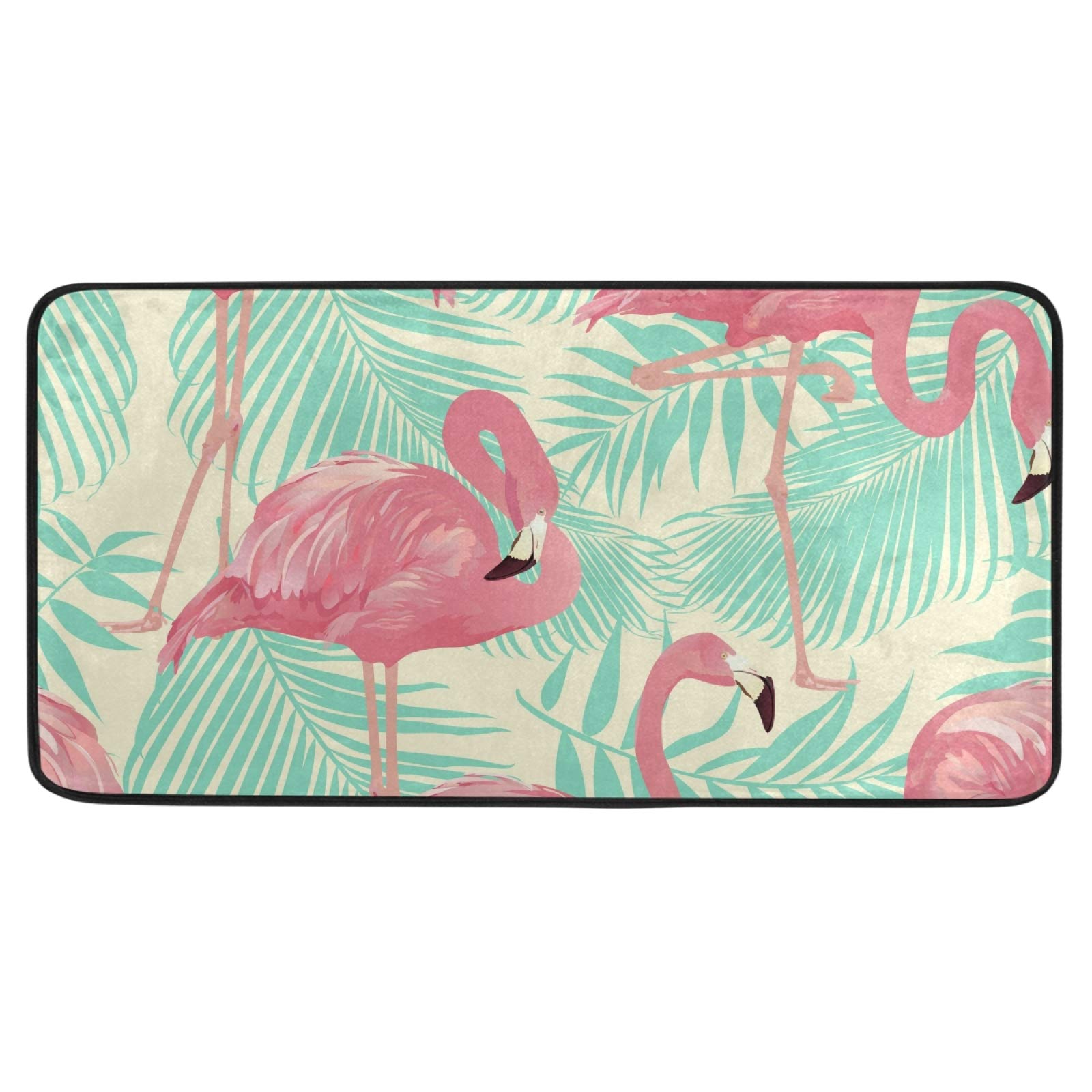 Non-Slip Kitchen Rug Mat - Pink Flamingo & Palm Leaves Design - Anti-Fatigue Comfort Floor Mat - Oil & Stain Resistant - Indoor/Outdoor Use for Kitchen, Bathroom, Entryway - 39