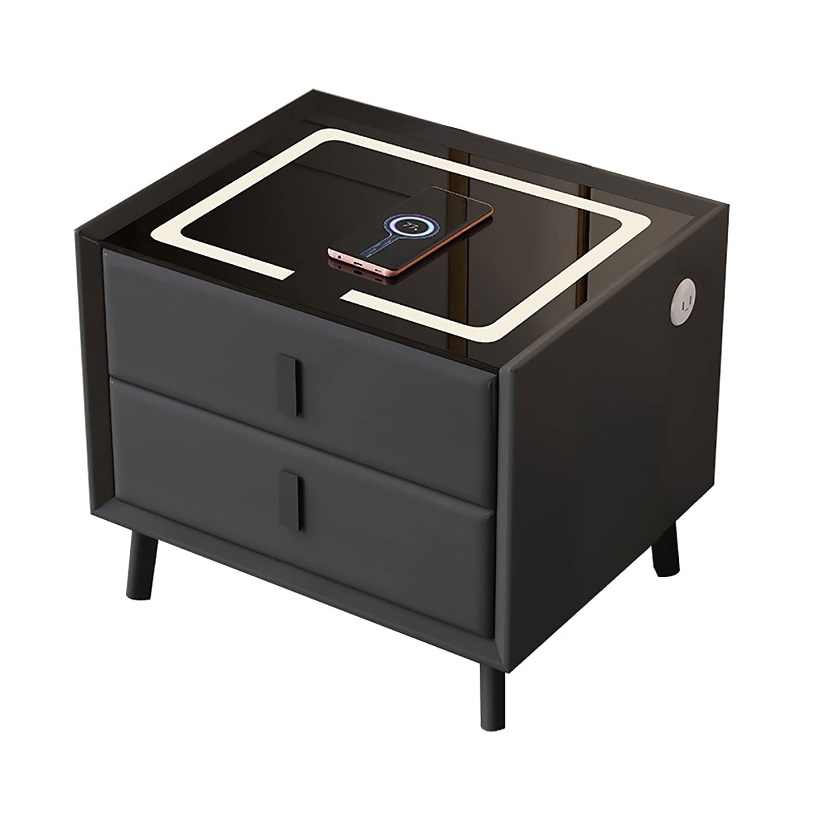 Smart Nightstand with Wireless Charging - 3-Tone LED Light, Fingerprint Unlock, 2 Drawers & USB Port - Modern Leather Bedside Table for Bedroom, Living Room & Office - Perfect for Charging Devices, Storing Essentials & Enhancing Home Decor