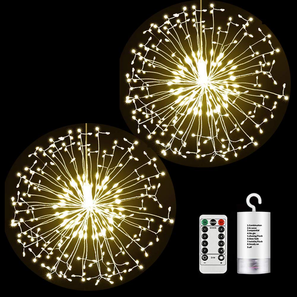 FOOING 2 Pack Firework Lights - 198 LED Copper Wire Starburst String Lights with Remote, 8 Lighting Modes, Battery Operated Fairy Lights for Christmas, Party, Patio, Wedding & Home Decor (Warm White) - Perfect for Indoor and Outdoor Holiday Decorations, Garden Lighting, and Festive Events