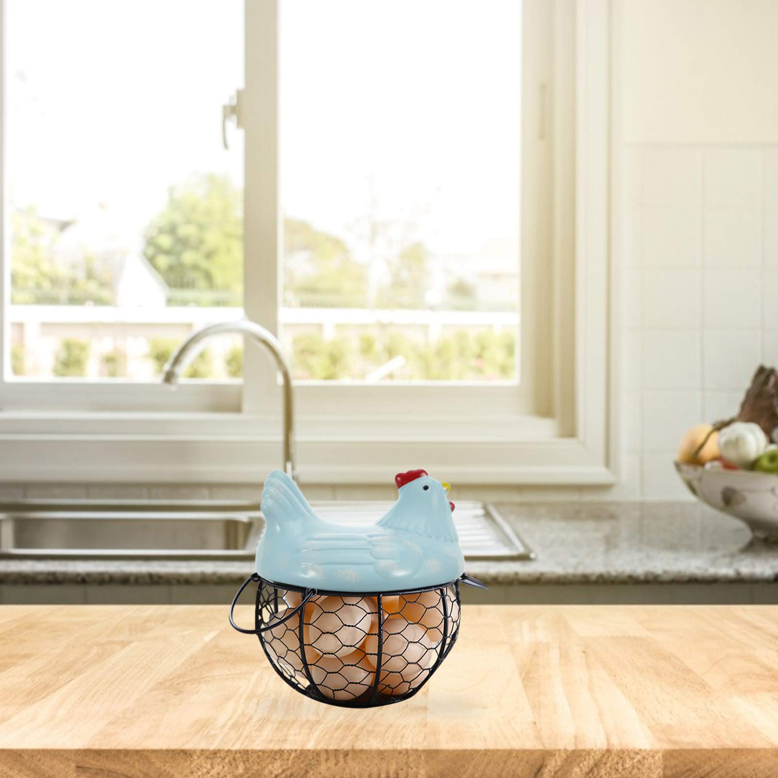 DOITOOL Metal Wire Chicken Egg Basket with Ceramic Lid - Chicken Shaped Fruit Basket & Egg Display Holder - Kitchen Countertop Organizer with Handle - Perfect for Easter Decorations, Farmhouse Kitchen Decor, and Fresh Egg Storage