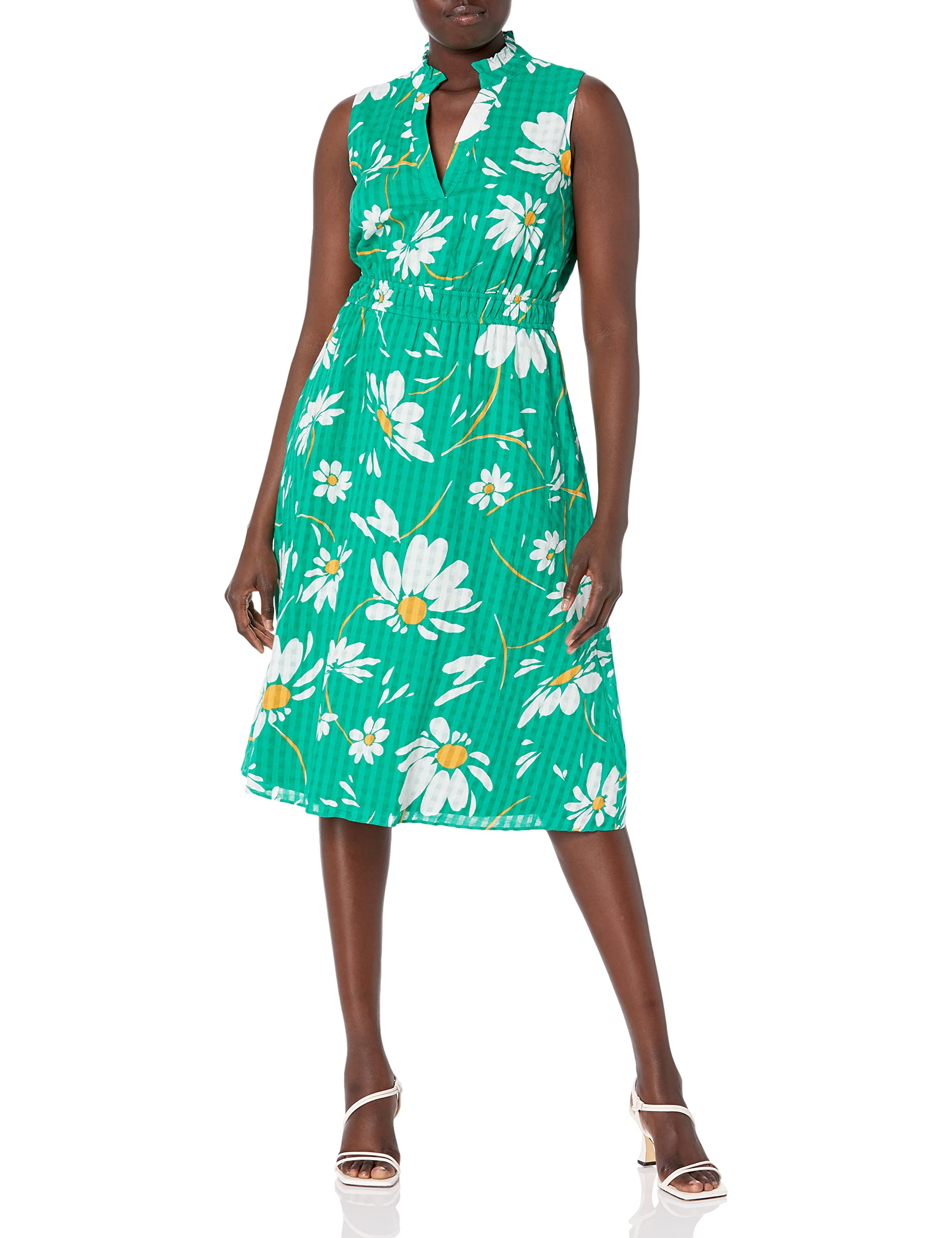 London Times Women's Daisy Print Midi Dress with Elastic Waist & Ruffle Collar - Casual Summer Vacation Dress for Beach, Party, and Outdoor Activities