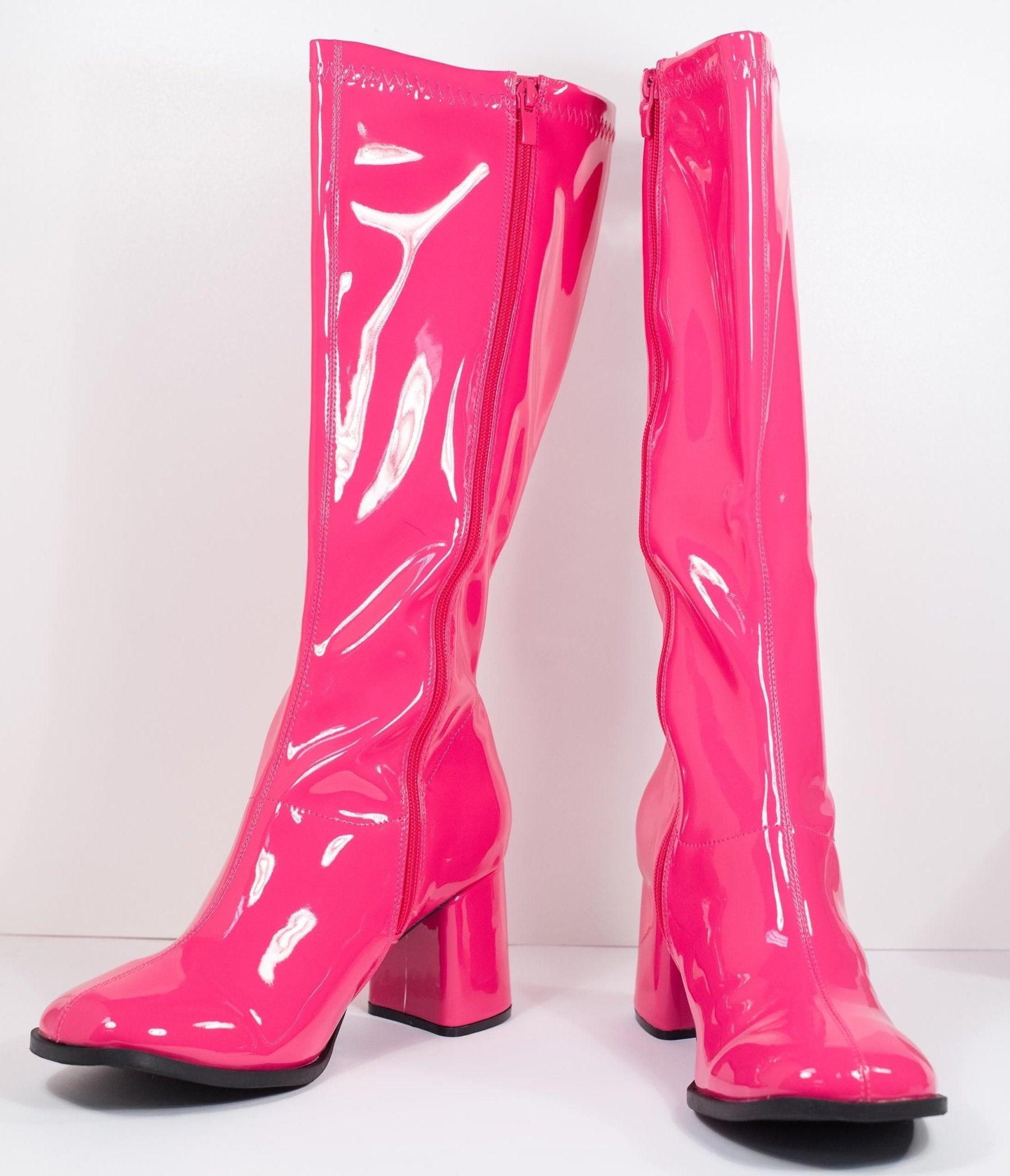 Hot Pink Patent Leatherette Knee High Go Go Boots for Women - 60s Retro Party Costume & Dance Shoes - Perfect for Halloween, Cosplay and Vintage Themed Events
