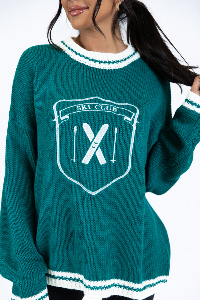 Green and Ivory Embroidered Ski Club Sweater - Cozy Winter Pullover for Skiing & Après-Ski | Final Sale
