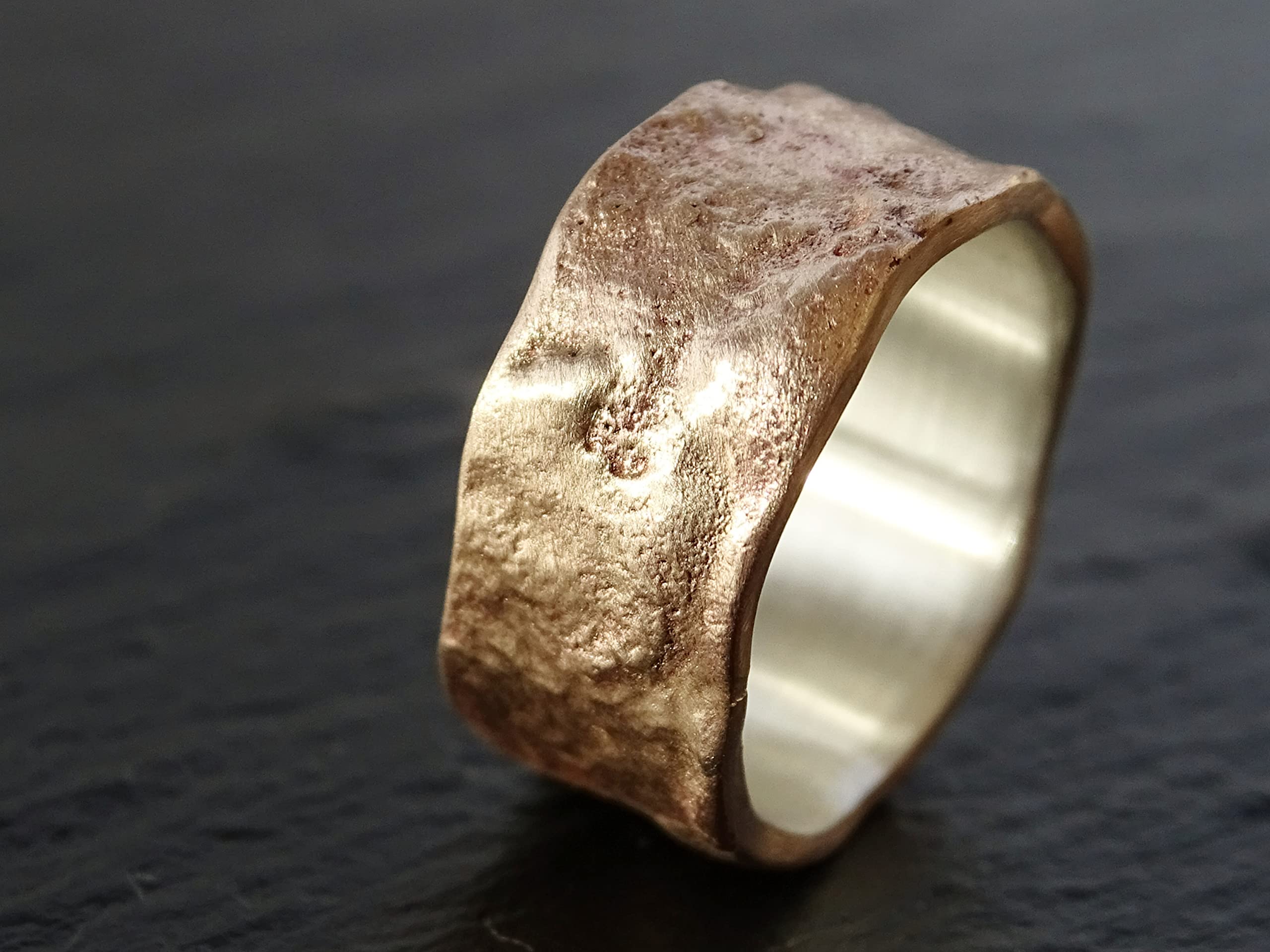 Stylish Bronze & Silver Men's Ring - Cool Wedding Band, Anniversary & Engagement Gift - Molten Structured Design with Wood Grain Texture - Perfect for Weddings, Anniversaries & Everyday Wear