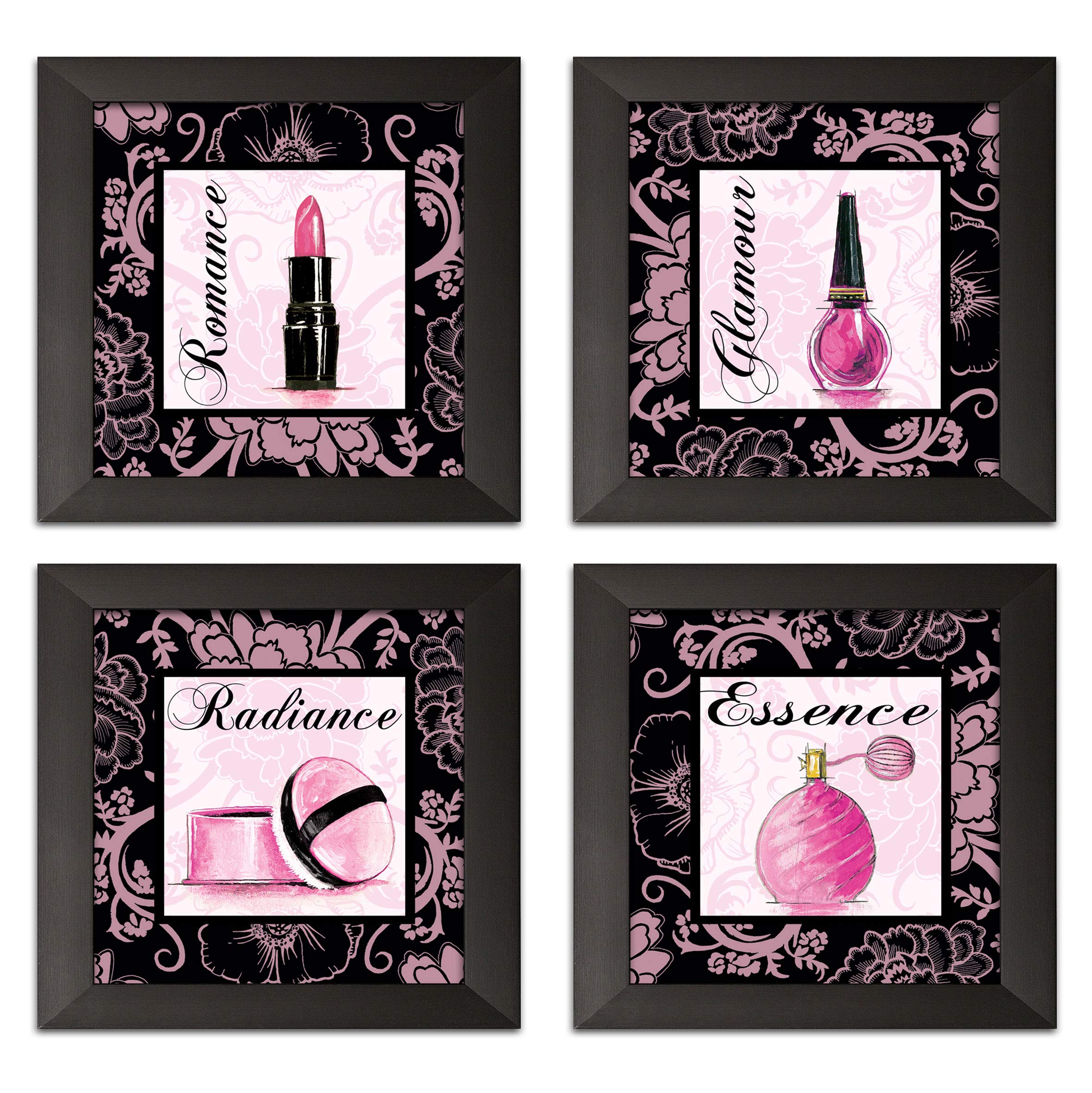 Gregory Gorham Pink Romance Makeup Art Print Set - 4 Framed 12x12 Inch Black & White Wall Decor for Bedroom, Living Room, Bathroom | Ready to Hang Home & Office Artwork