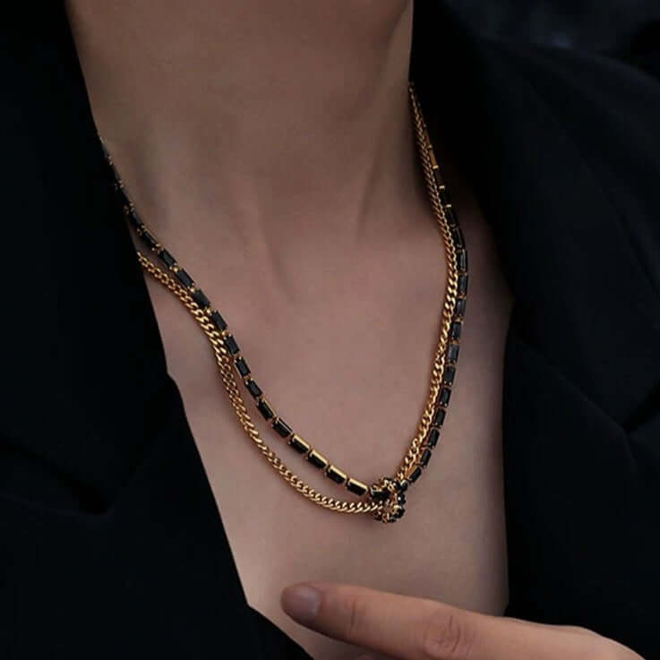Black and Gold Layered Tennis Chain Necklace for Men & Women | 18K Gold Plated Stainless Steel Hip Hop Jewelry | Perfect for Parties, Gifts & Everyday Wear (QT2203)